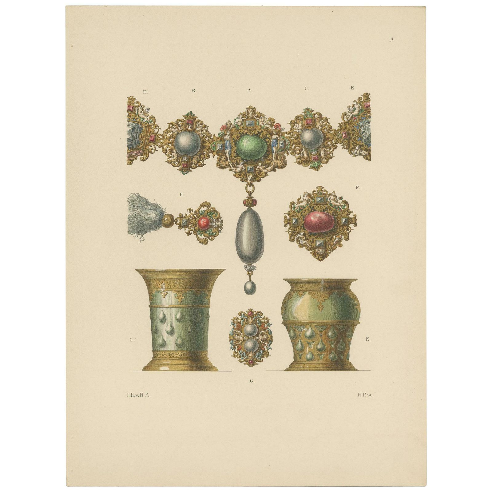 Antique Print Of A Necklace And Goblets By Hefner Alteneck '1890'