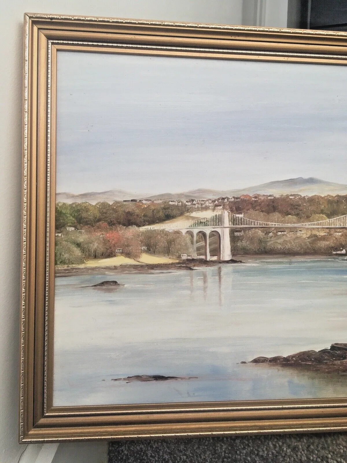Original Margaret Hall Framed Oil Painting Menai Suspension Bridge Anglesey Snowdonia View photo for sale