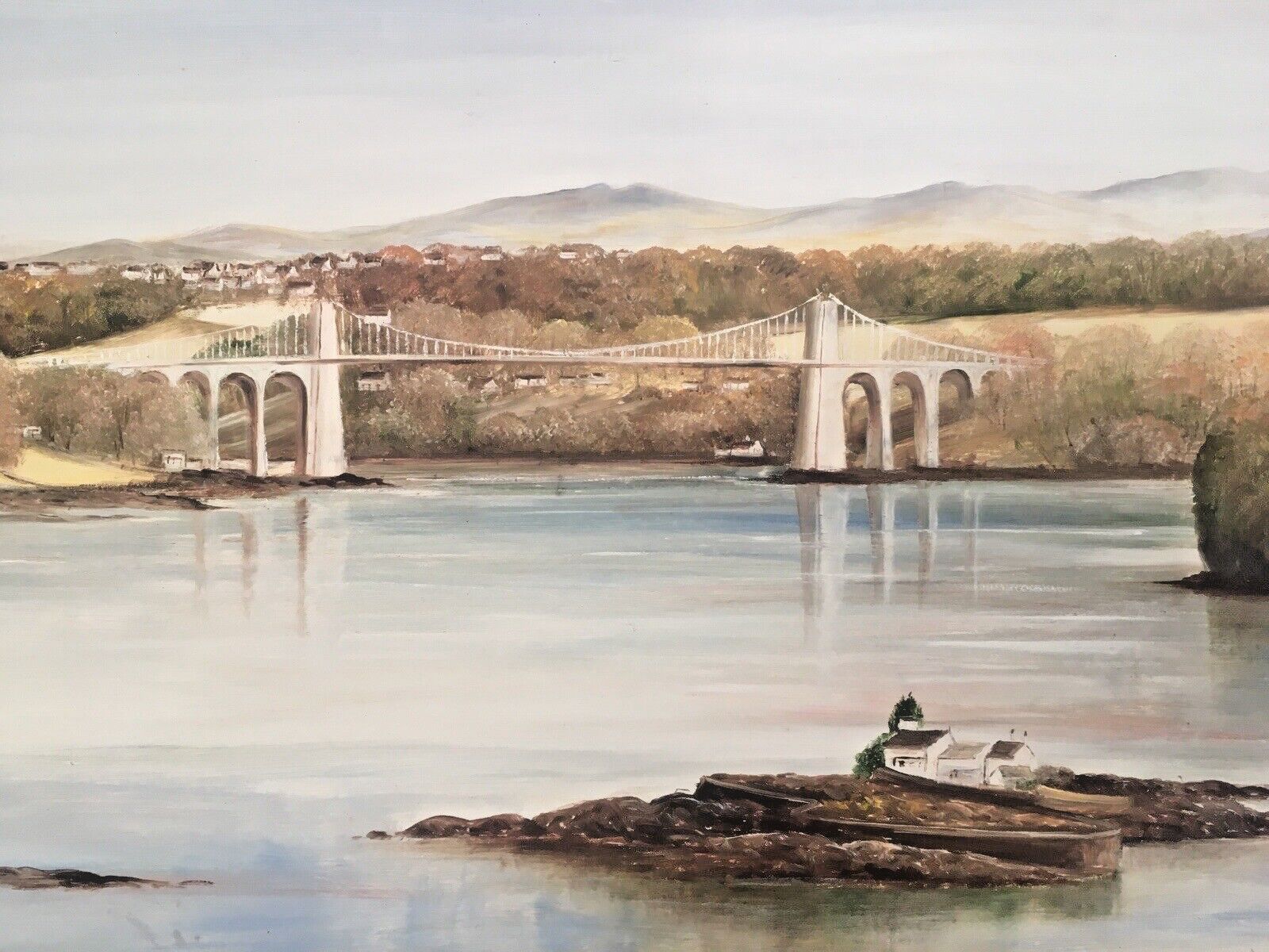 Original Margaret Hall Framed Oil Painting Menai Suspension Bridge Anglesey Snowdonia View photo buy