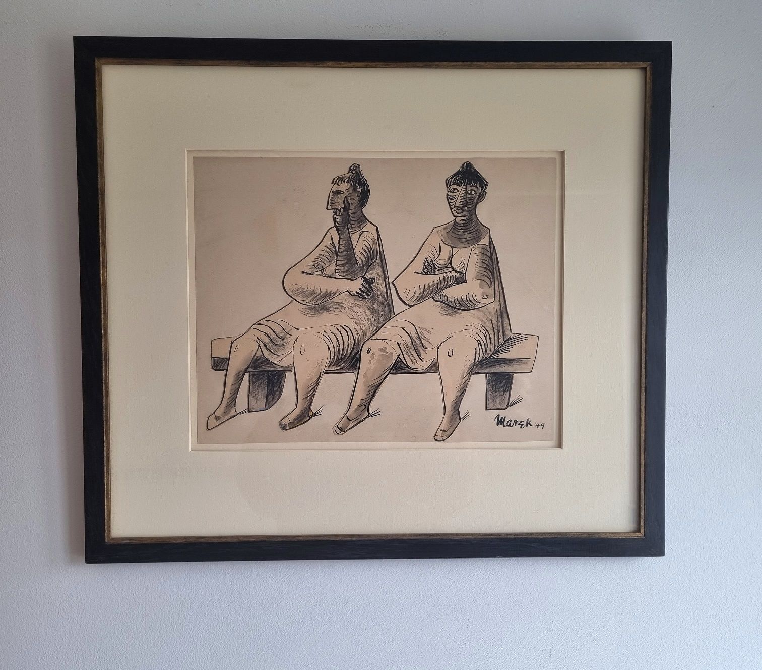 Marek Zulawski   ‘Two Women Seated On A Bench’ 1949 (Framed Mixed Media Work) photo furniture