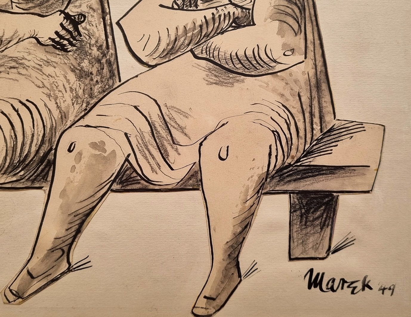 Marek Zulawski   ‘Two Women Seated On A Bench’ 1949 (Framed Mixed Media Work) photo for sale