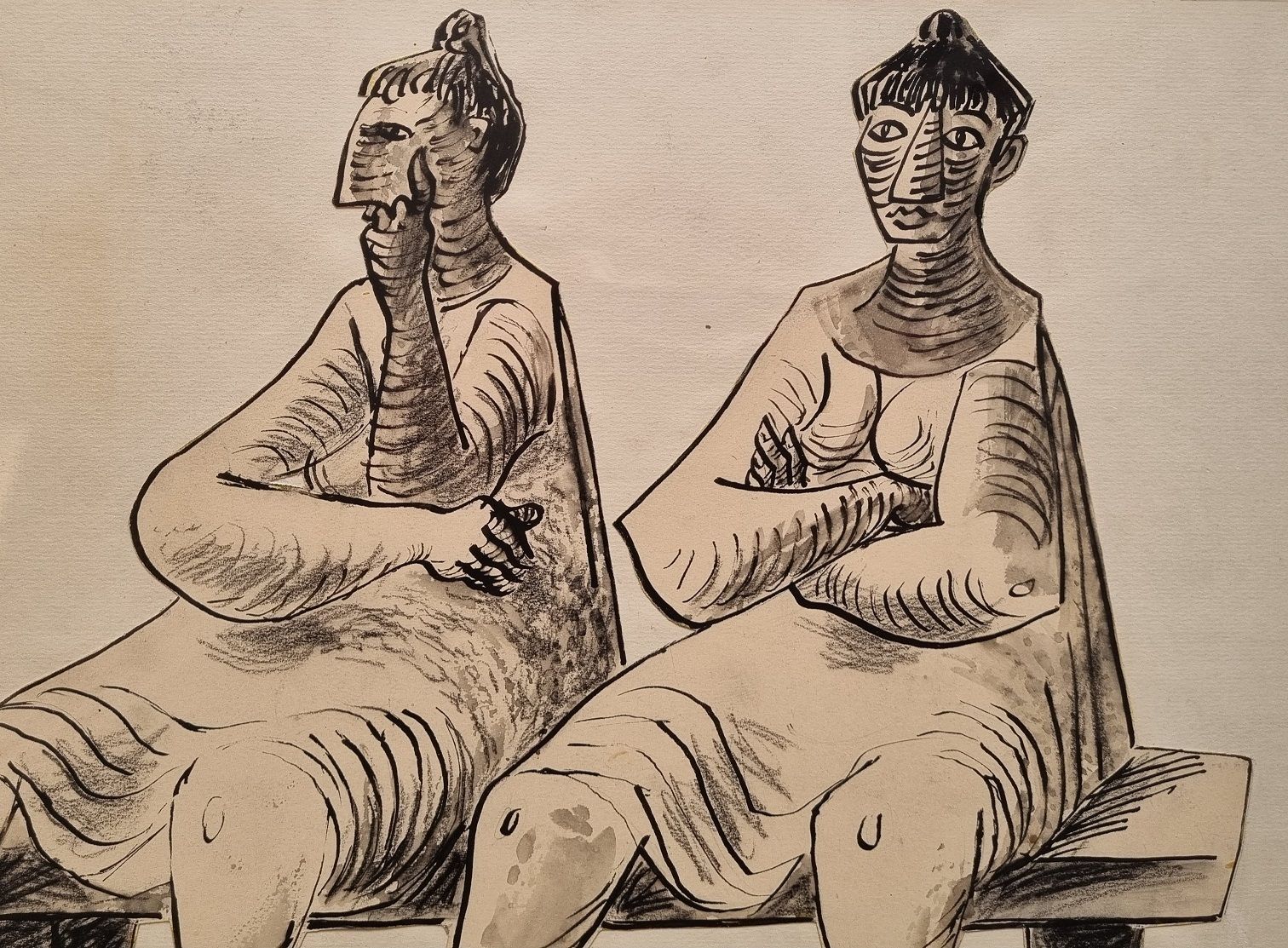 Marek Zulawski   ‘Two Women Seated On A Bench’ 1949 (Framed Mixed Media Work) photo Art