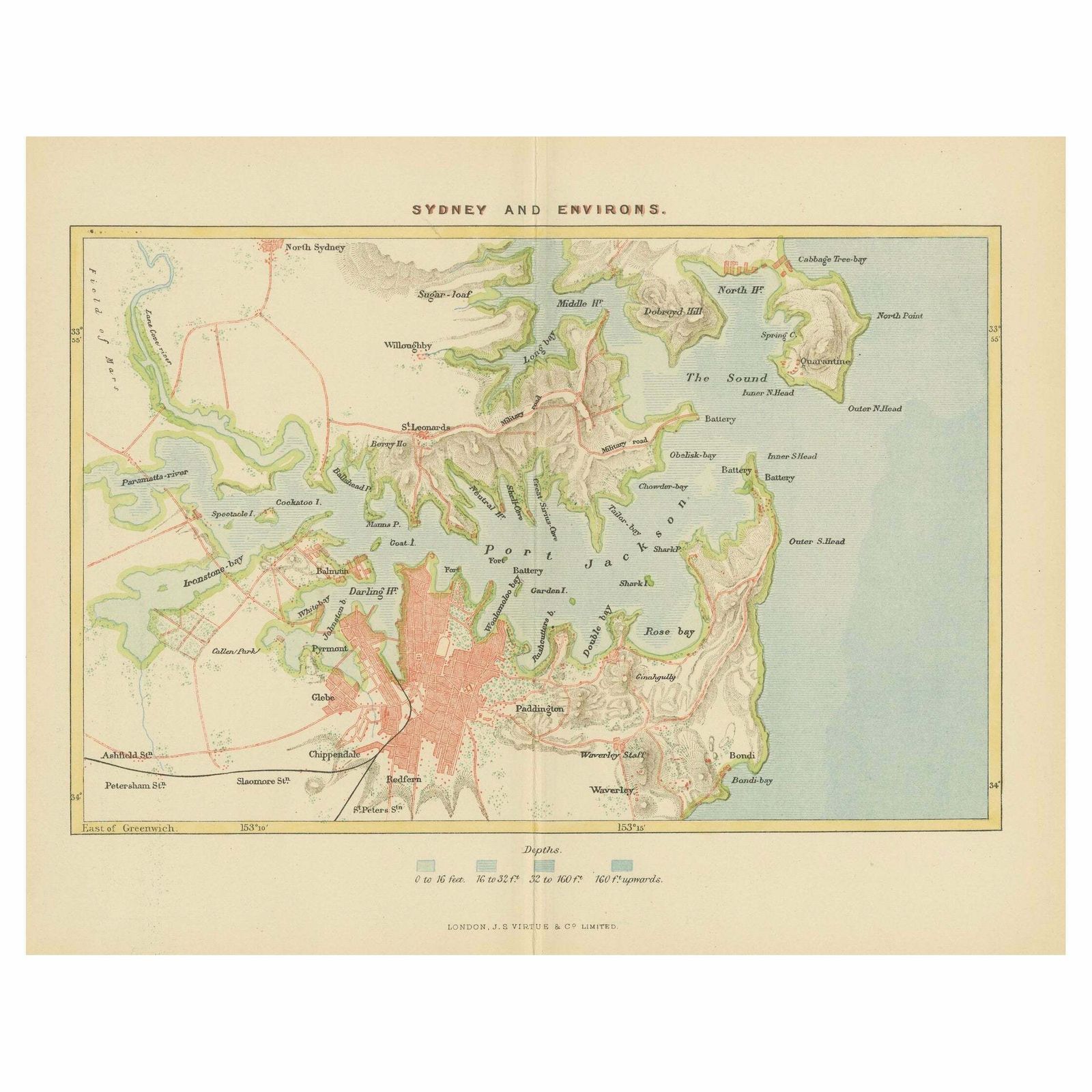 Antique Map Depicting Sydney And Surrounding Areas, Known As Port Jackson, C1889