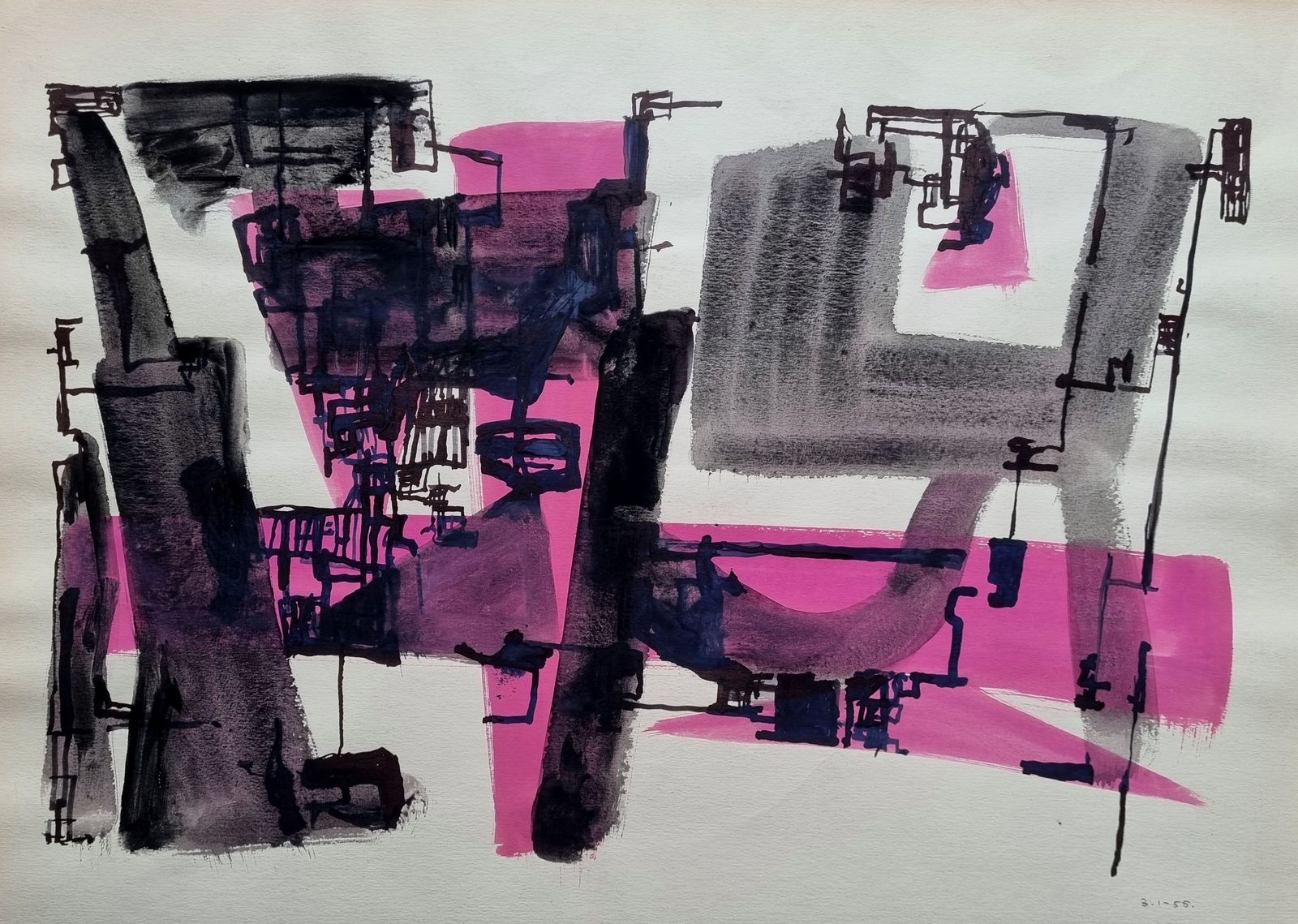 Modern British Art By Bernard Kay – Abstract In Pink (Framed Mixed Media Painting)