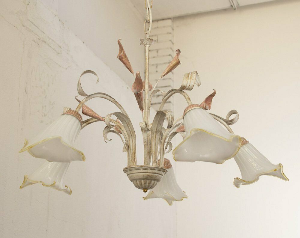 5 Light Pendant Chandelier In White Murano Glass And Handmade Brass Structure, Italy, 1980s photo Lighting