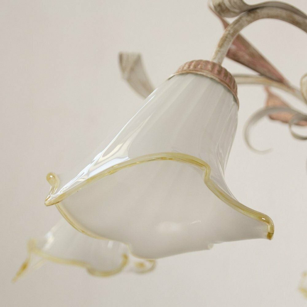 photo for sale 5 Light Pendant Chandelier In White Murano Glass And Handmade Brass Structure, Italy, 1980s