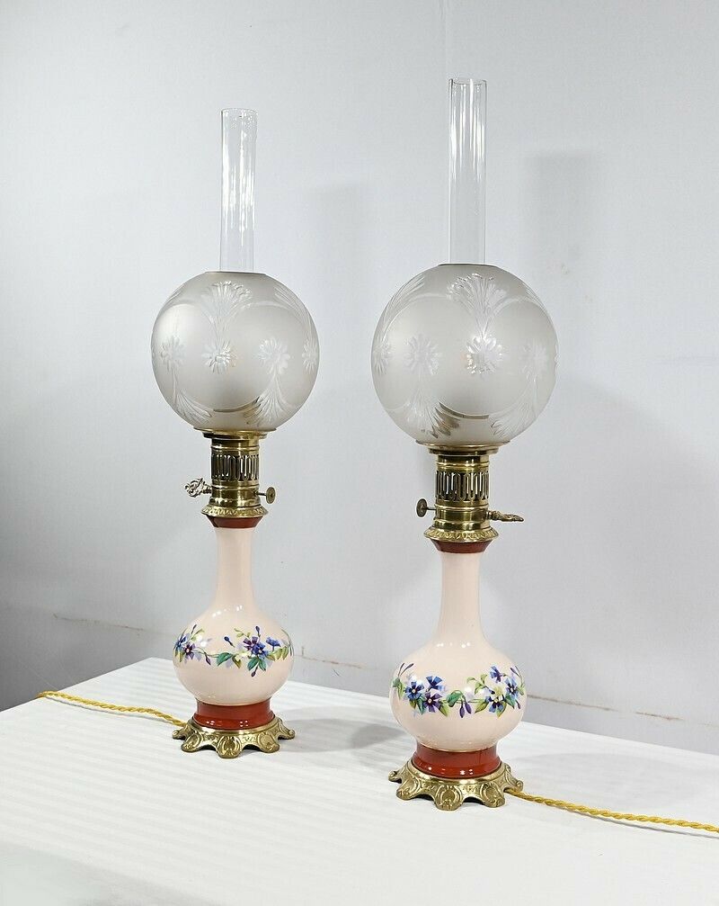 Pair Of Porcelain Oil Lamps, Electrified,  Late 19th Century photo Lighting