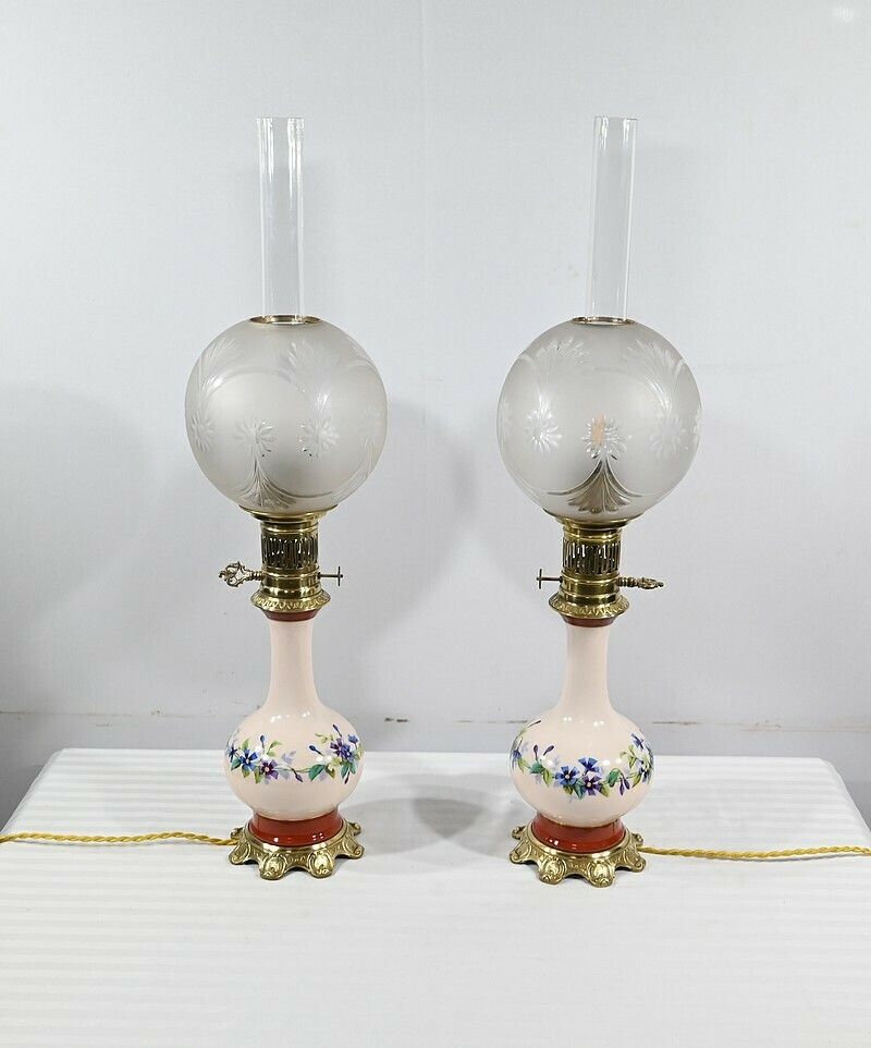 Pair Of Porcelain Oil Lamps, Electrified,  Late 19th Century photo 1071.53225843