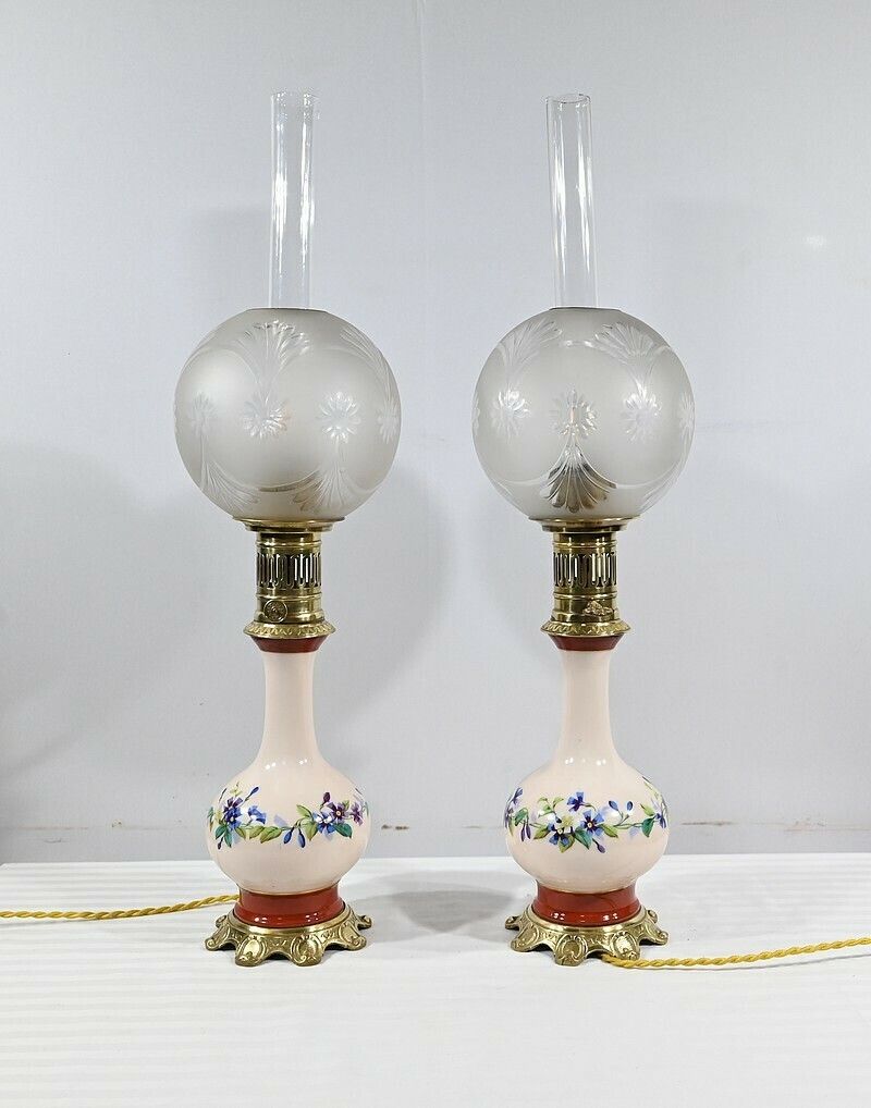 Pair Of Porcelain Oil Lamps, Electrified,  Late 19th Century photo vintage