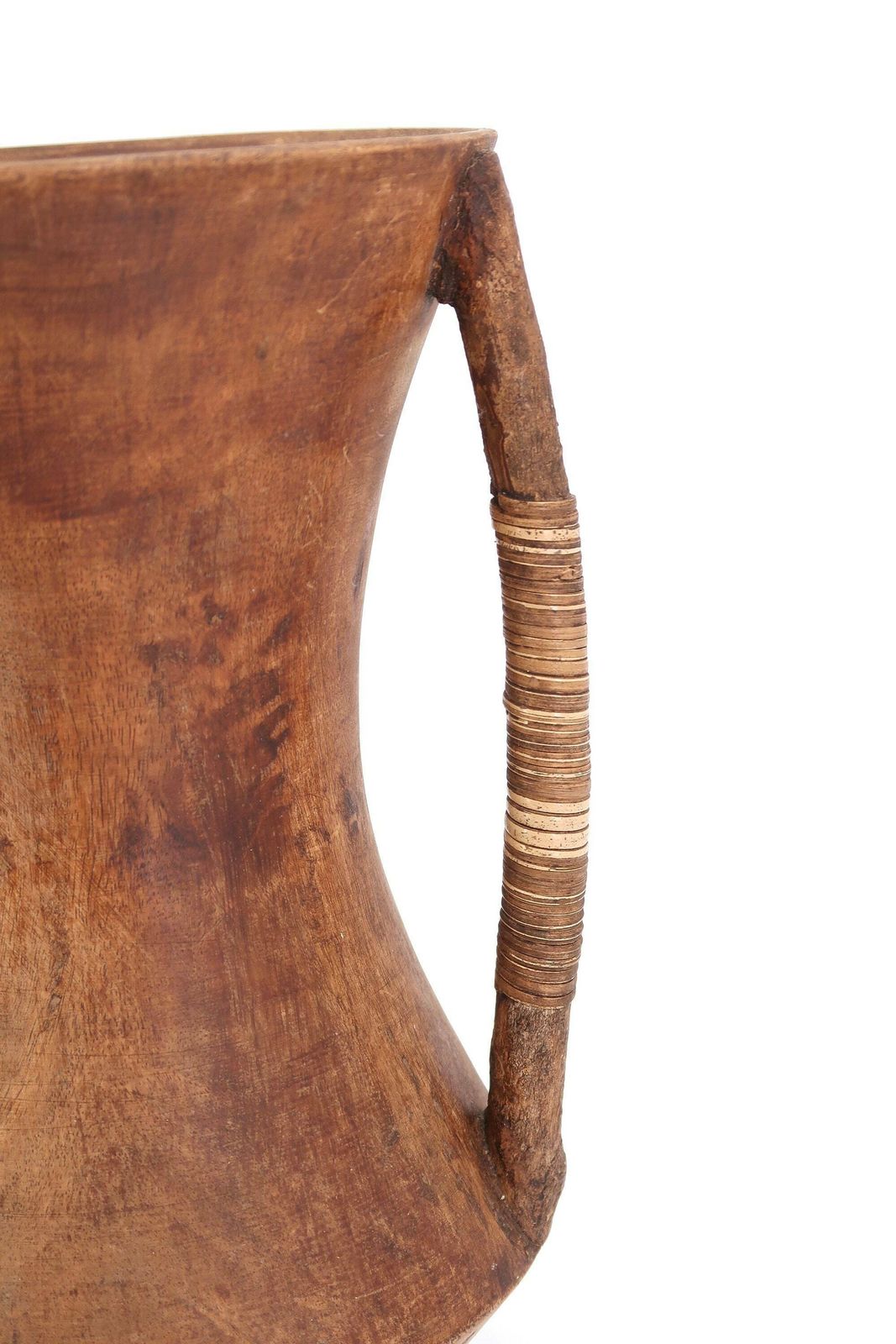 Grote Houten Vaas Met Hengsels Bekleed Met Vlechtwerk, Ca. Jaren 1970 / Pot, Boho Chic, Bohemian, Folk Art, Hout photo for sale
