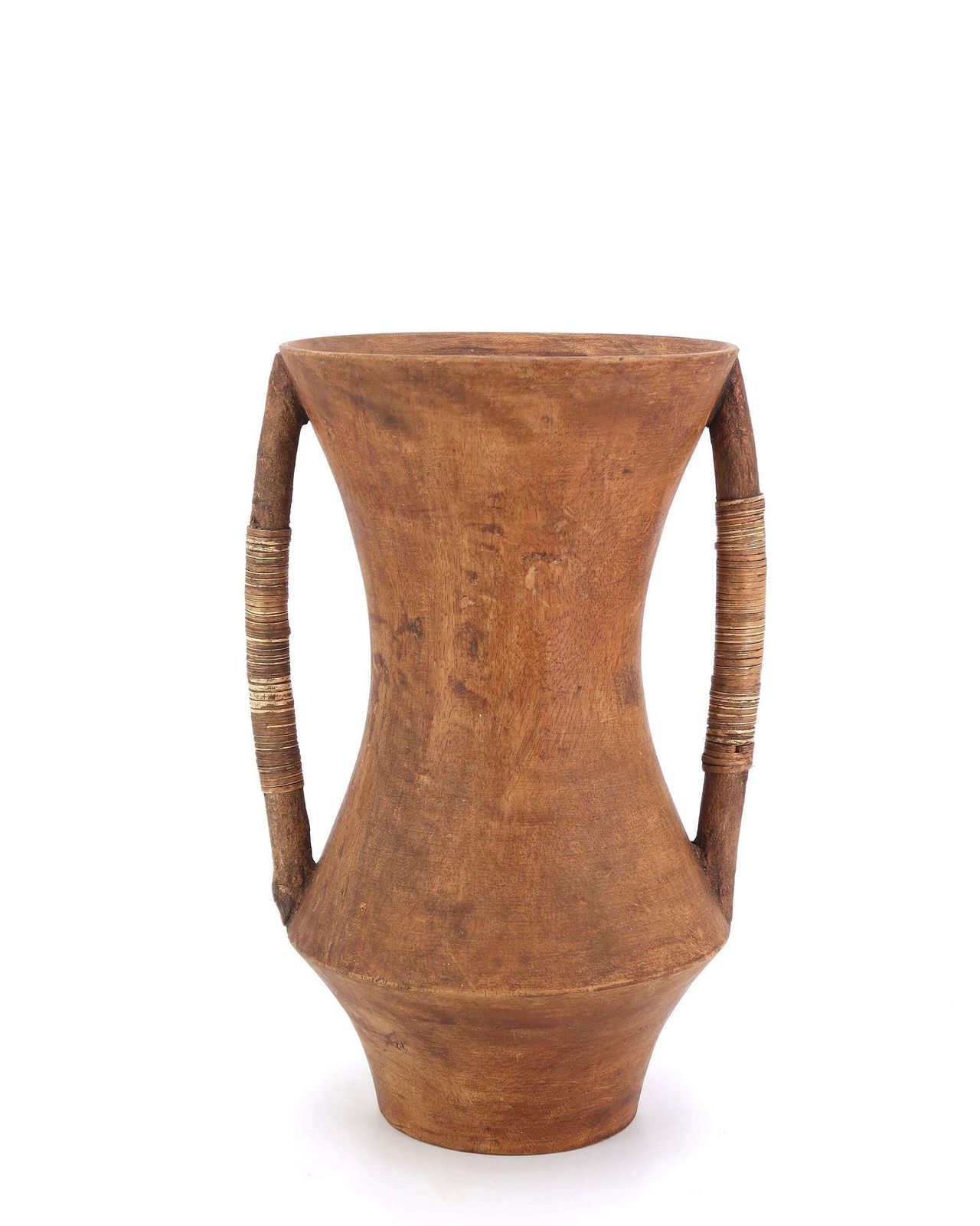 Grote Houten Vaas Met Hengsels Bekleed Met Vlechtwerk, Ca. Jaren 1970 / Pot, Boho Chic, Bohemian, Folk Art, Hout photo Woonaccessoires