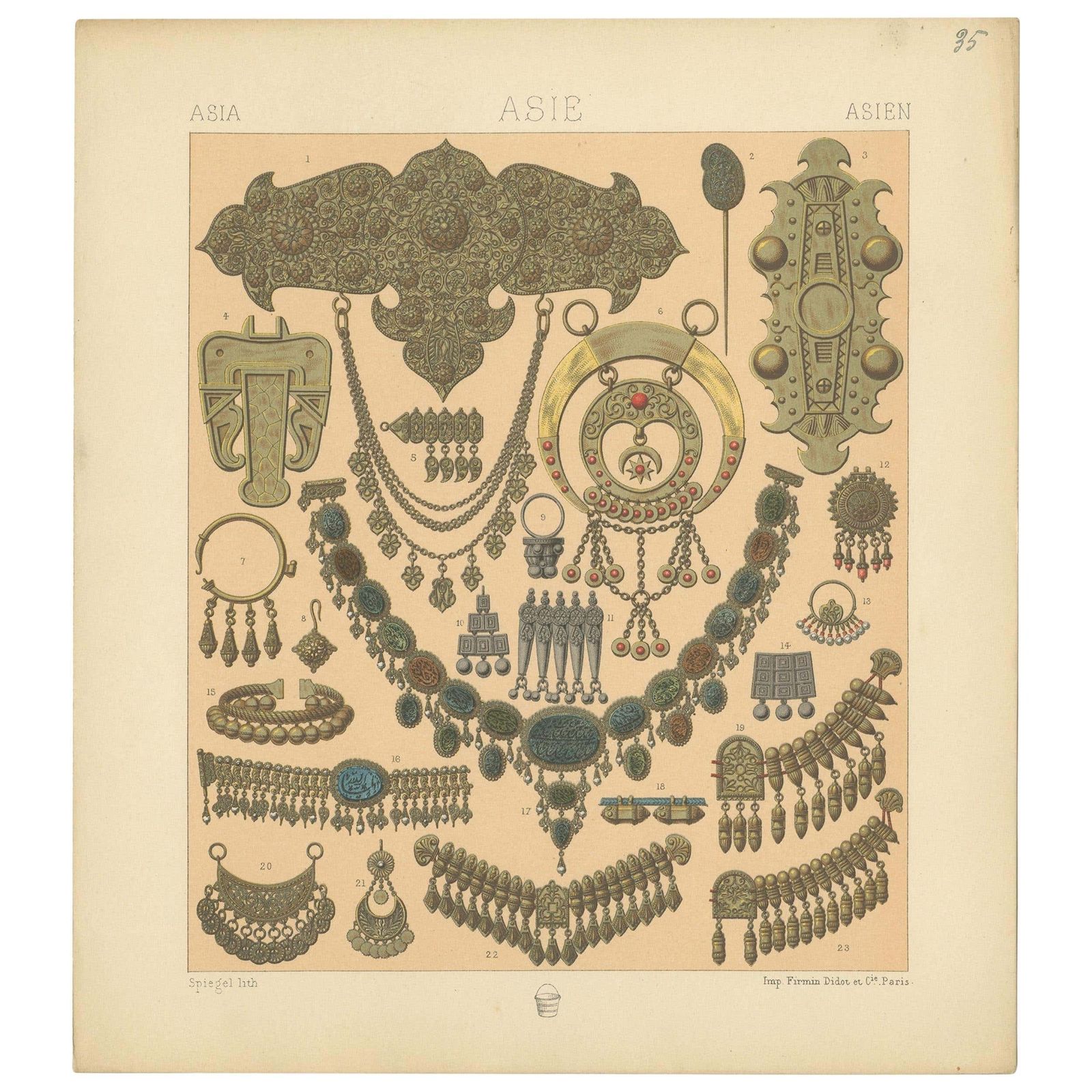 Pl. 35 Antique Print Of Asian Jewelry By Racinet, 'Circa 1880'
