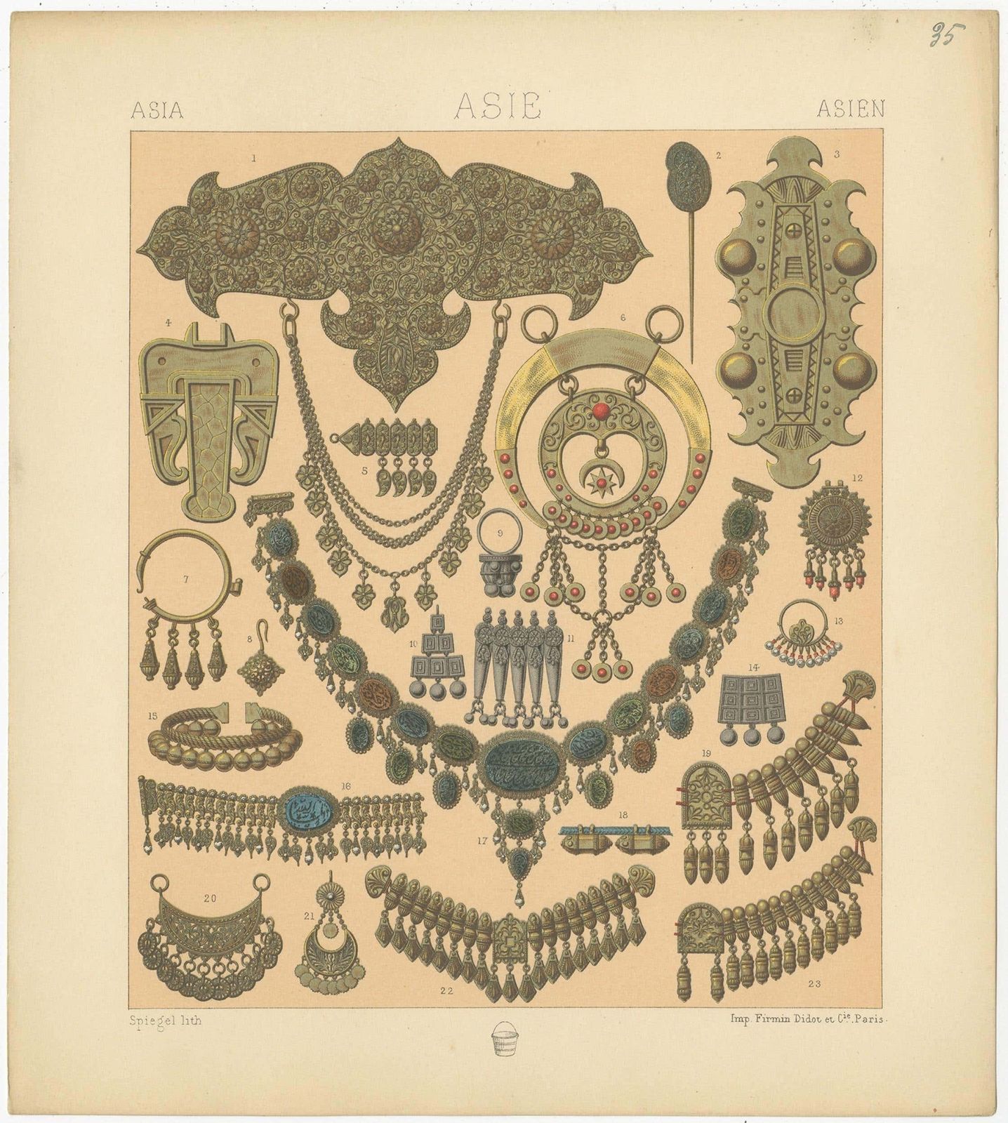 Pl. 35 Antique Print Of Asian Jewelry By Racinet, 'Circa 1880' photo for sale