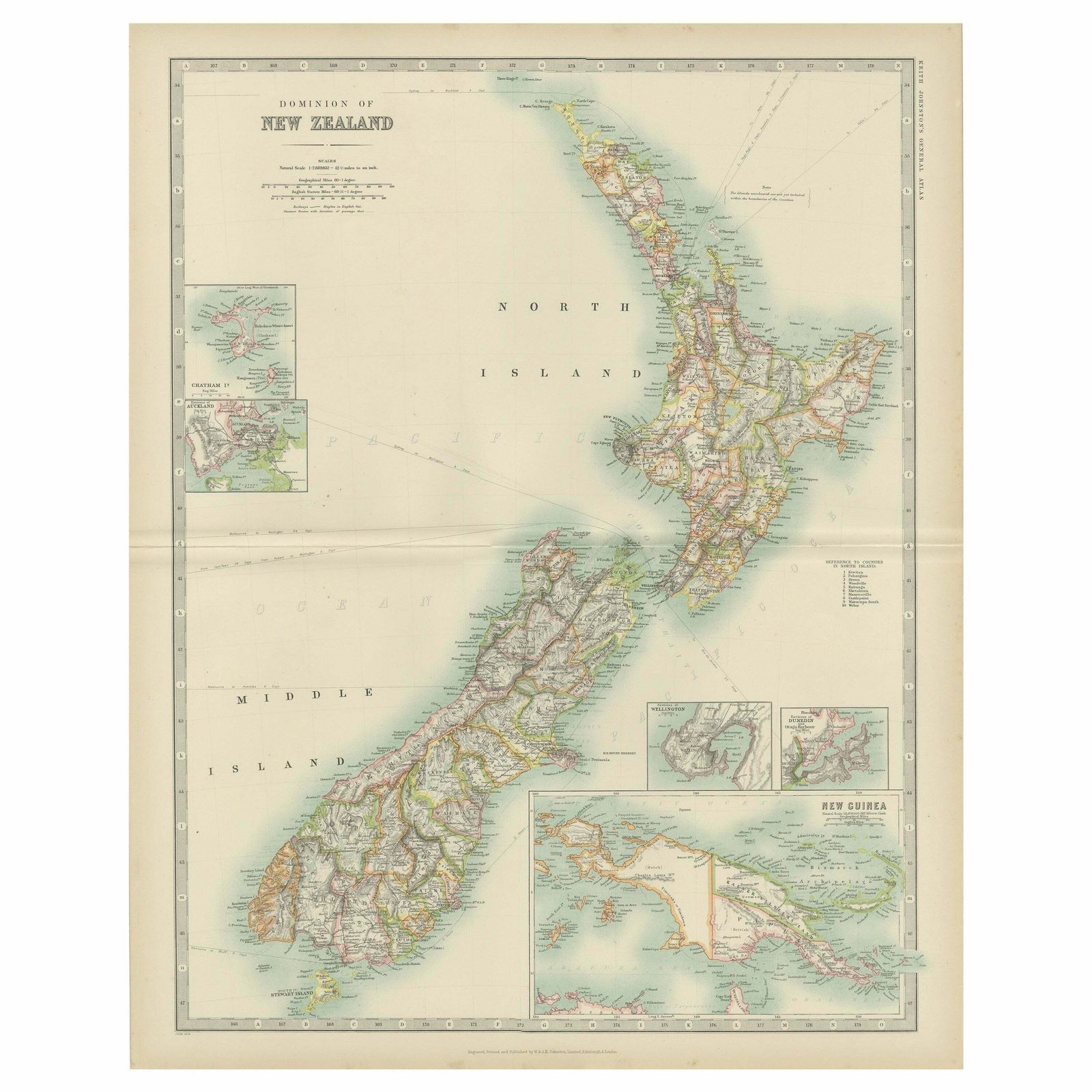 Antique Map Of New Zealand By Johnston '1909'