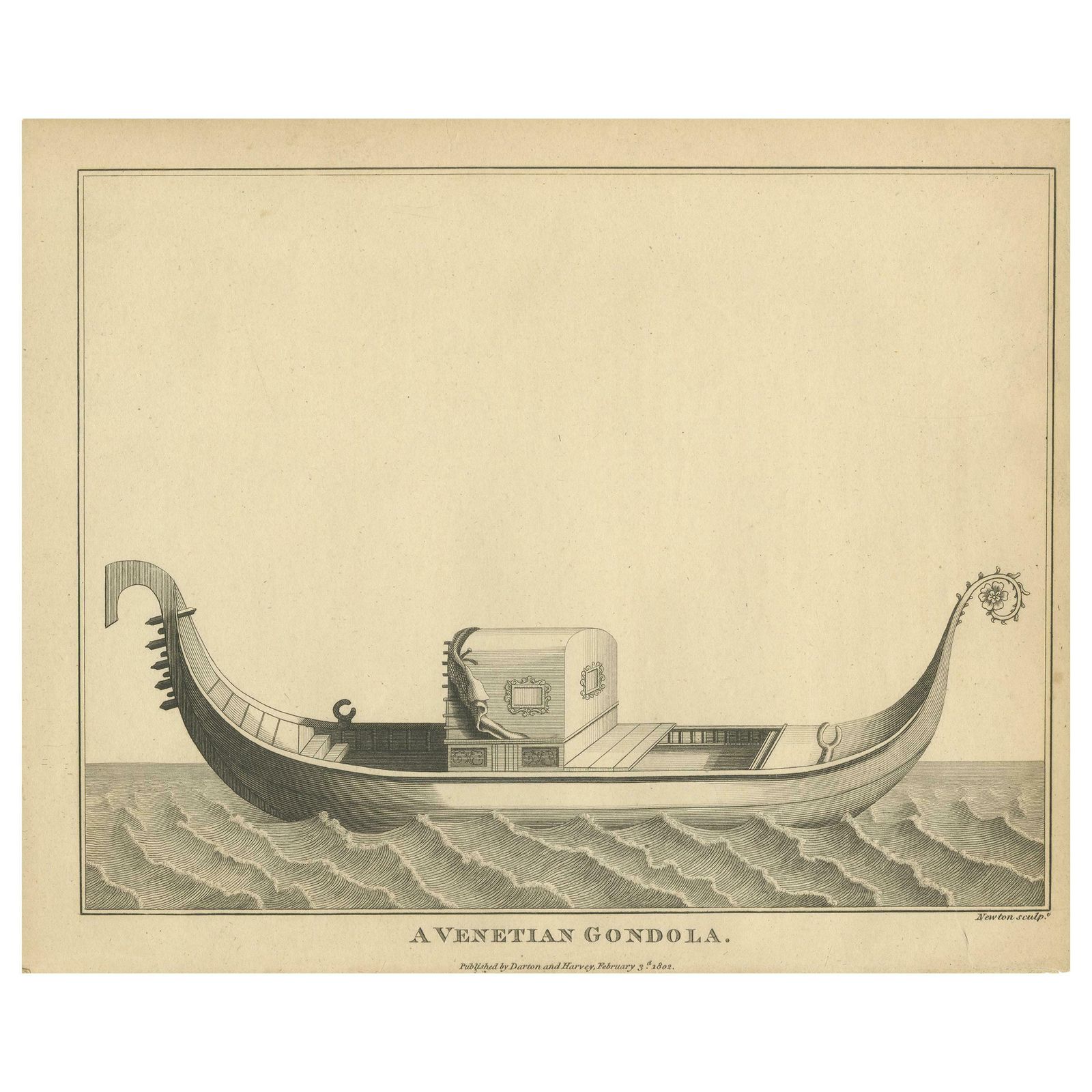 Antique Print Of A Venetian Gondola By Newton '1802'