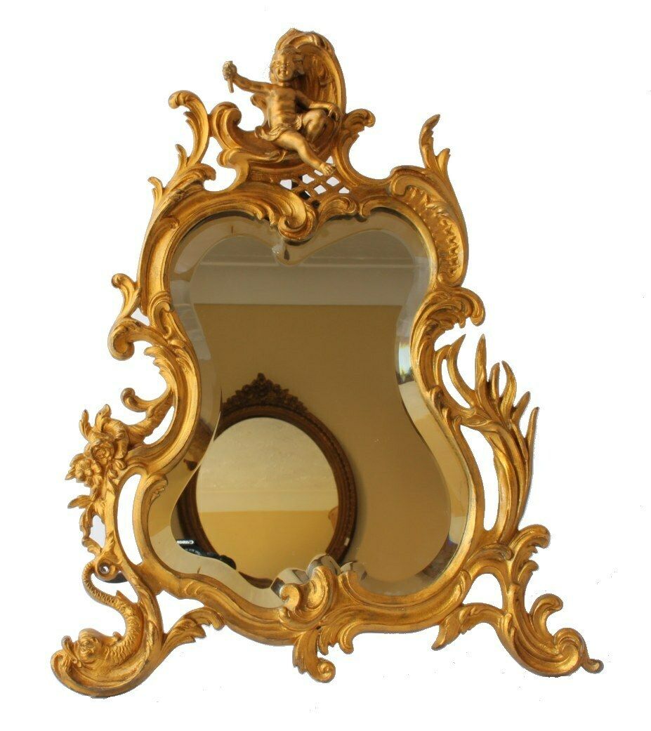 19th Century French Gold Gilt Bronze Rococo Style Cherub Easel Back Table Mirror.