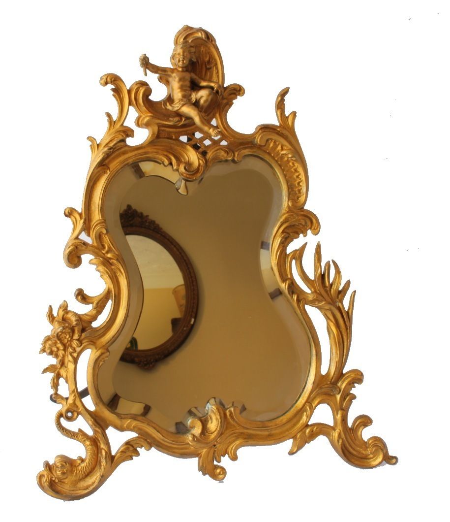 19th Century French Gold Gilt Bronze Rococo Style Cherub Easel Back Table Mirror. photo 525.0