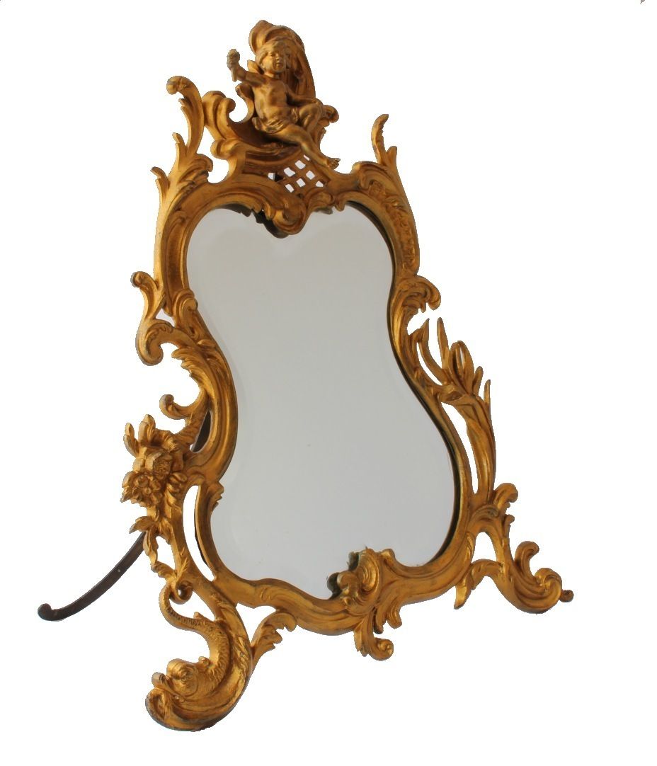 19th Century French Gold Gilt Bronze Rococo Style Cherub Easel Back Table Mirror. photo buy