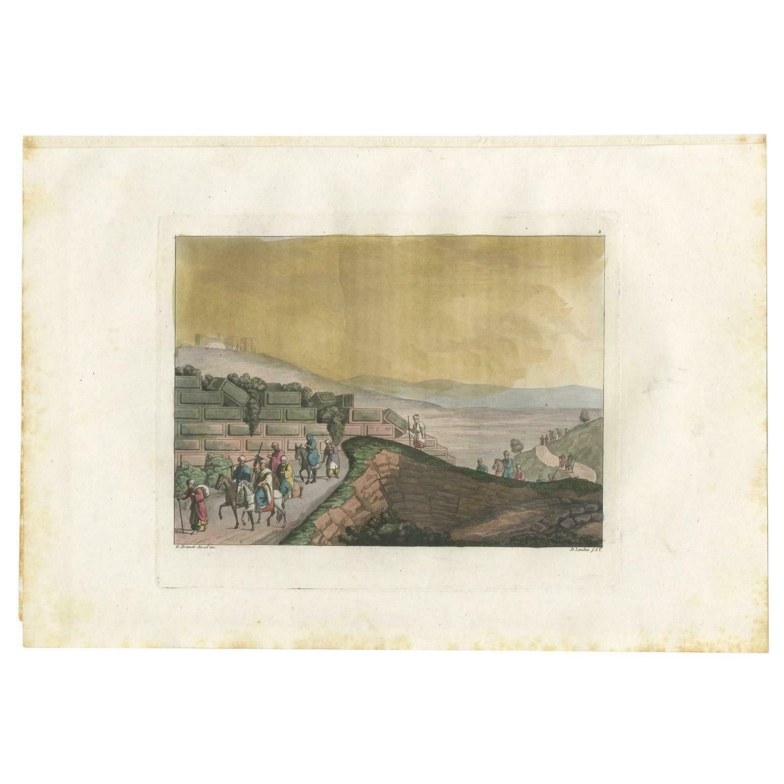 Old Handcolored Print Of Ruins Between Rama And Jerusalem By Ferrario, '1831'