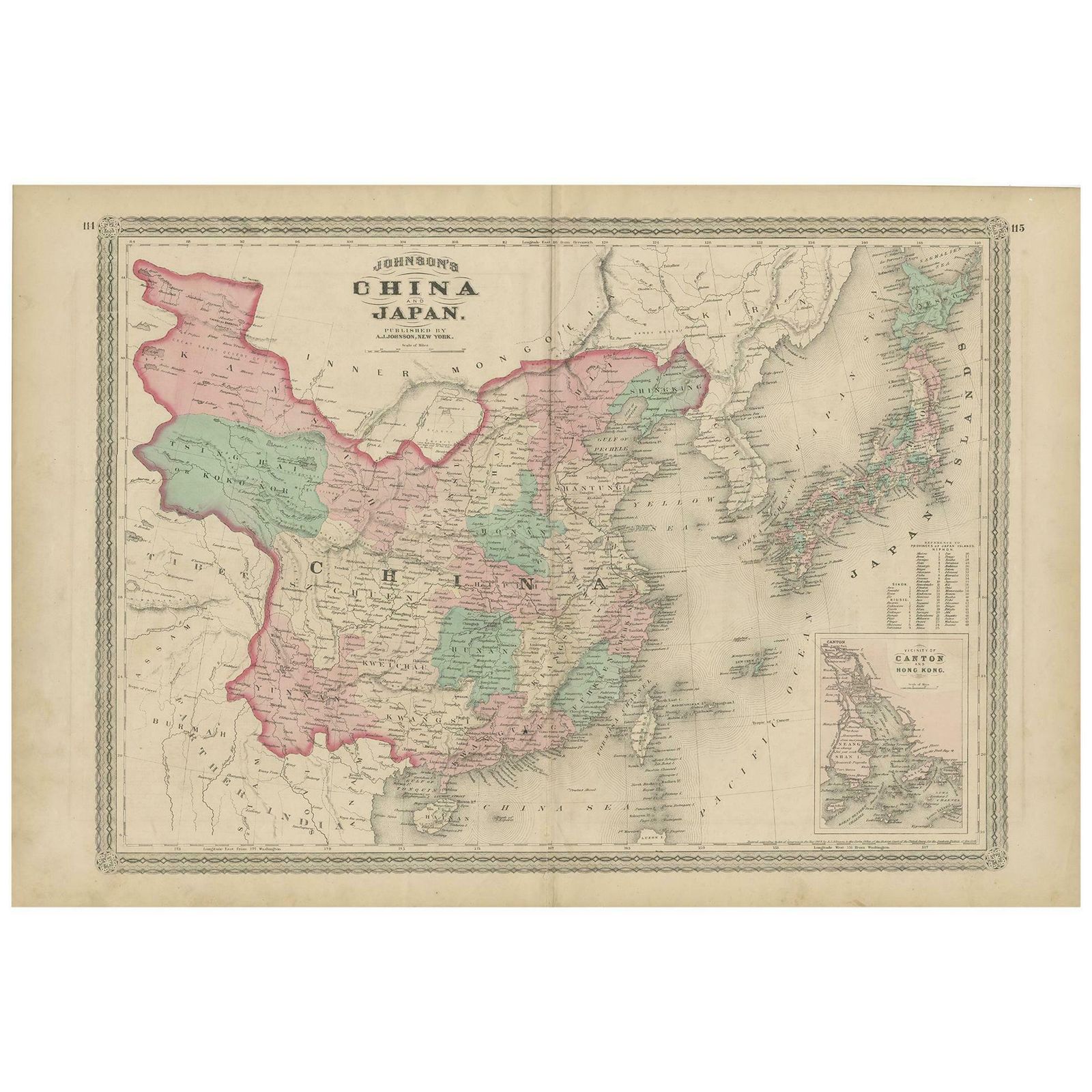 Antique Map Of China And Japan By Johnson, 1872