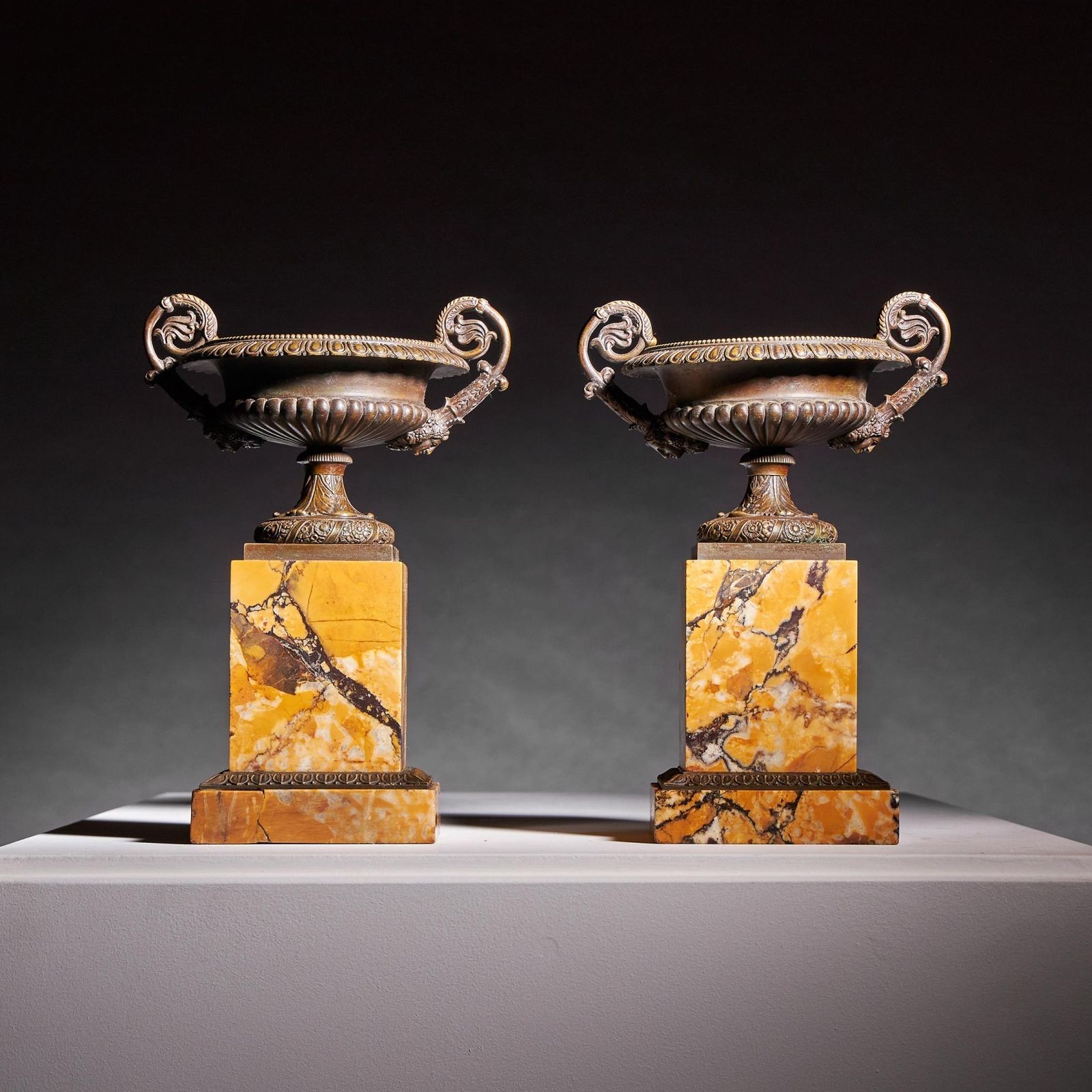 A Pair Of Early 19th Century French Bronze And Marble Tazzas Of Particularly High Quality And Large Size photo for sale