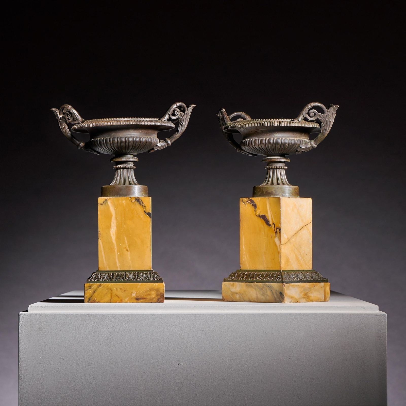 Large Pair Of Early 19th Century French Grand Tour Bronze And Siena Marble Tazzas photo Home Decor