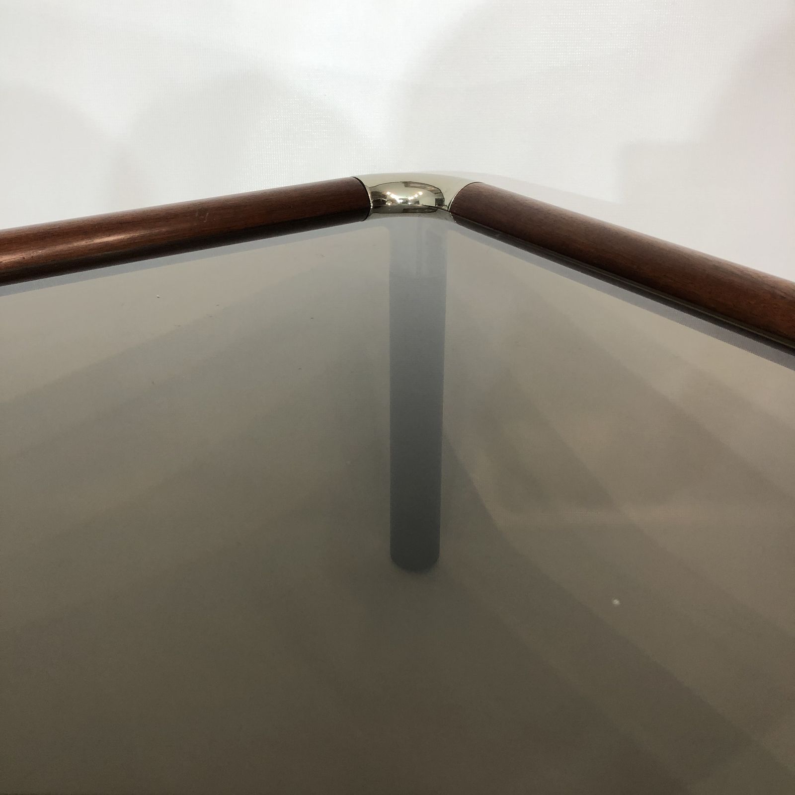 Large Mahogany Wood Chrome Coffee Table Smoked Glass Mid Century Hollywood 1970s photo for sale