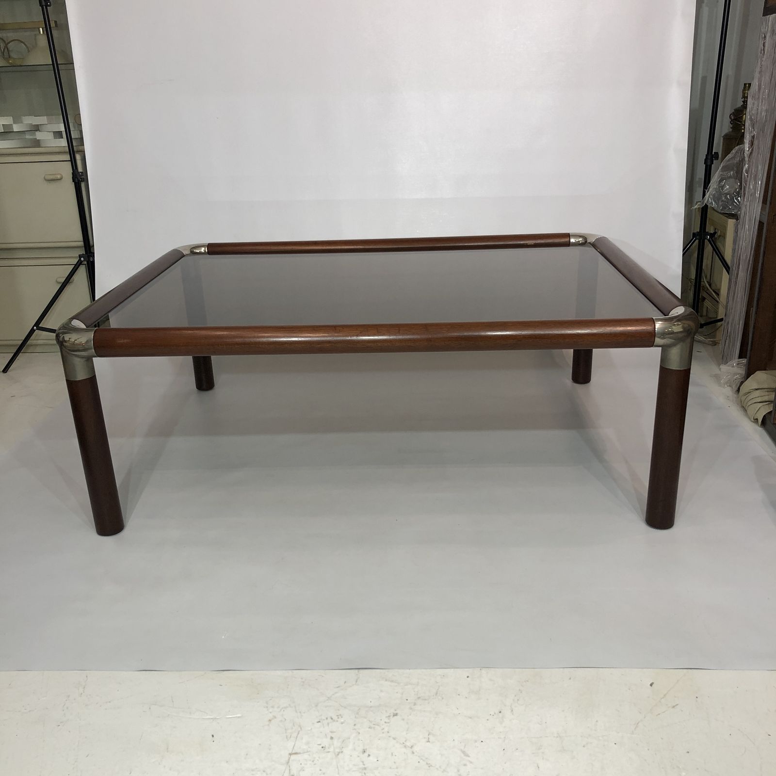 Large Mahogany Wood Chrome Coffee Table Smoked Glass Mid Century Hollywood 1970s photo 2250.0
