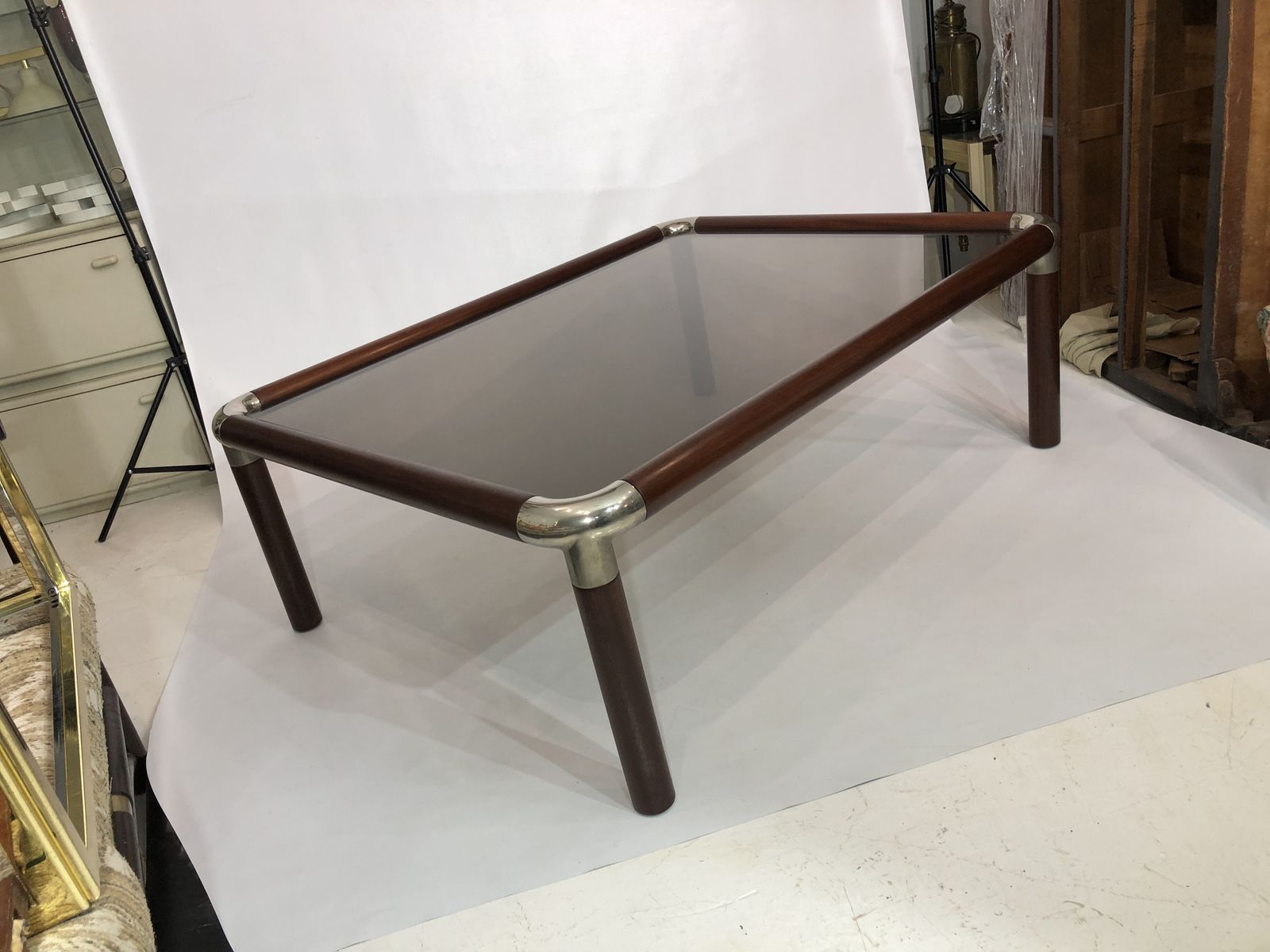 photo furniture Large Mahogany Wood Chrome Coffee Table Smoked Glass Mid Century Hollywood 1970s