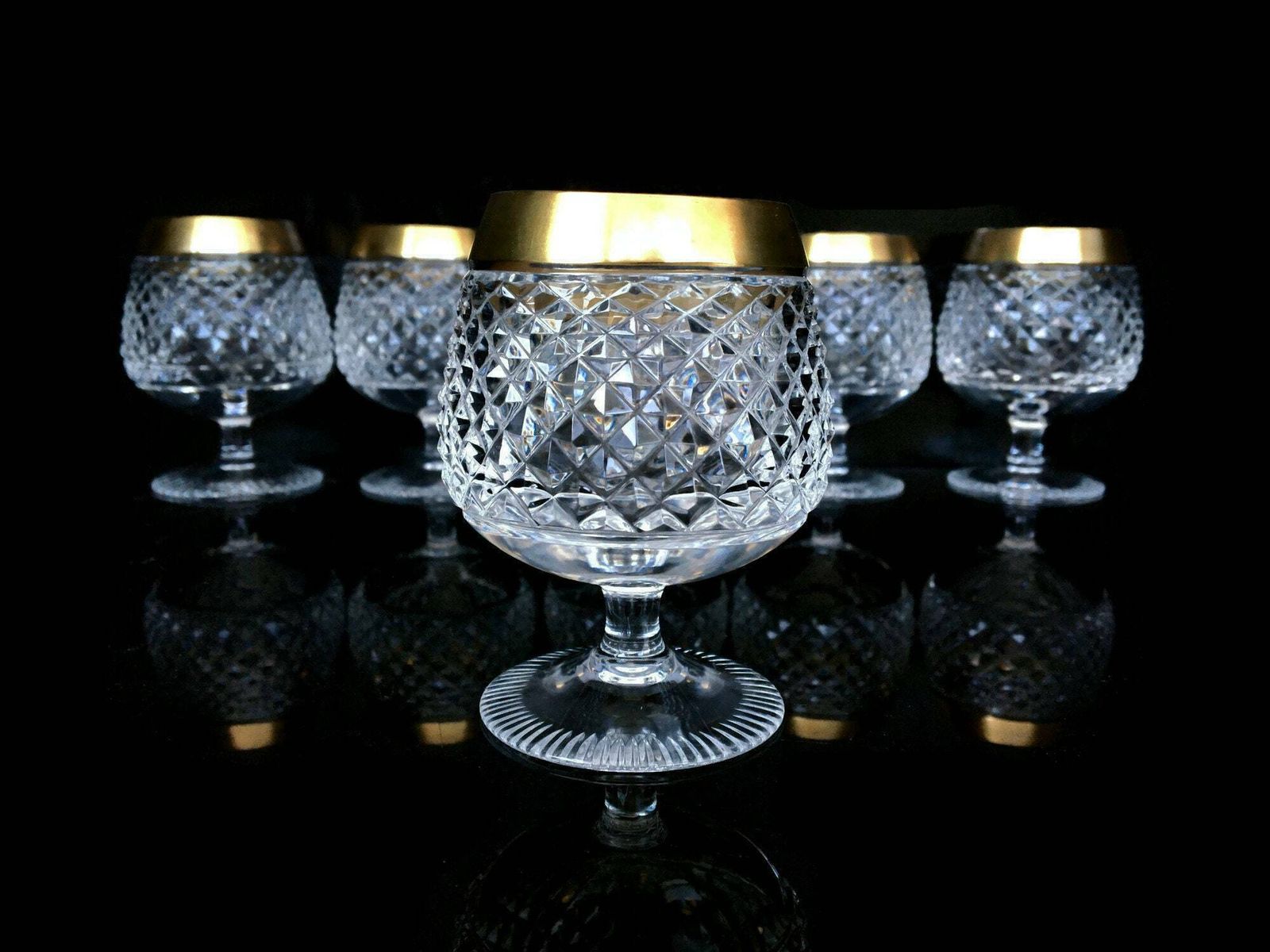Kristallen Cognacglazen Klein | 6 Stuks Proefglazen | Diamantsnede | 24k Goud | Ca. Jaren 1950