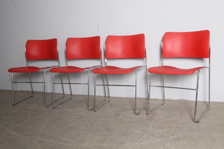 Group Of Four Design Chairs Like New David Rowland Chrome And Red Seat