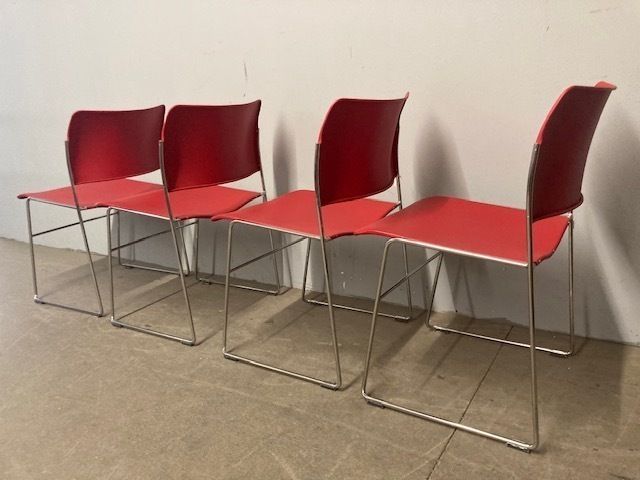Group Of Four Design Chairs Like New David Rowland Chrome And Red Seat photo Furniture