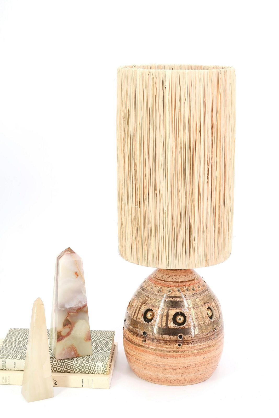 French Pale Orange And Gold Ceramic Table Lamp By Georges Pelletier, Raphia Lampshade, 1970s / Vintage, Boho Chic, Folk, Costa Riviera photo furniture