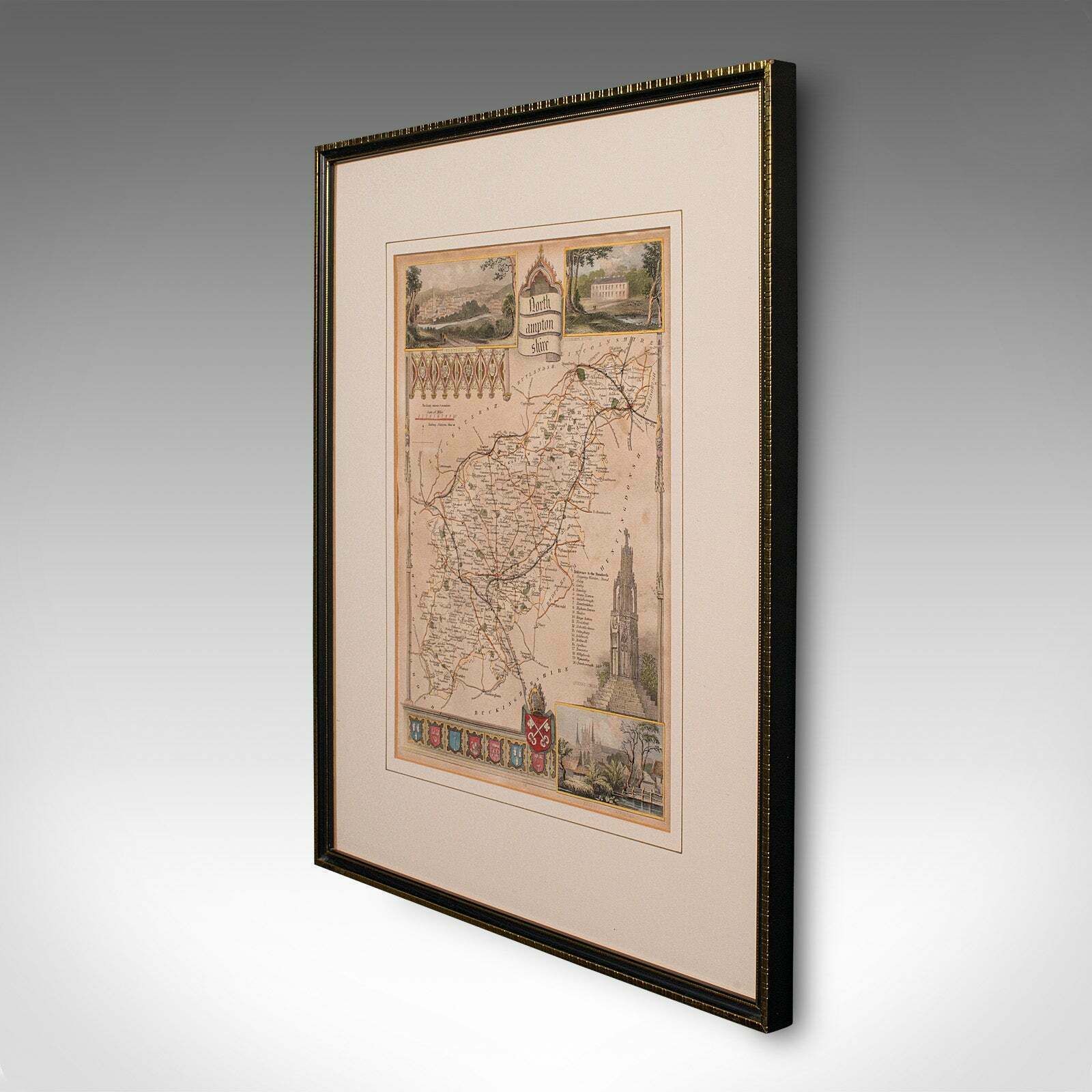 Antique Lithography Map, Northamptonshire, English, Framed Cartography, C.1860 photo for sale