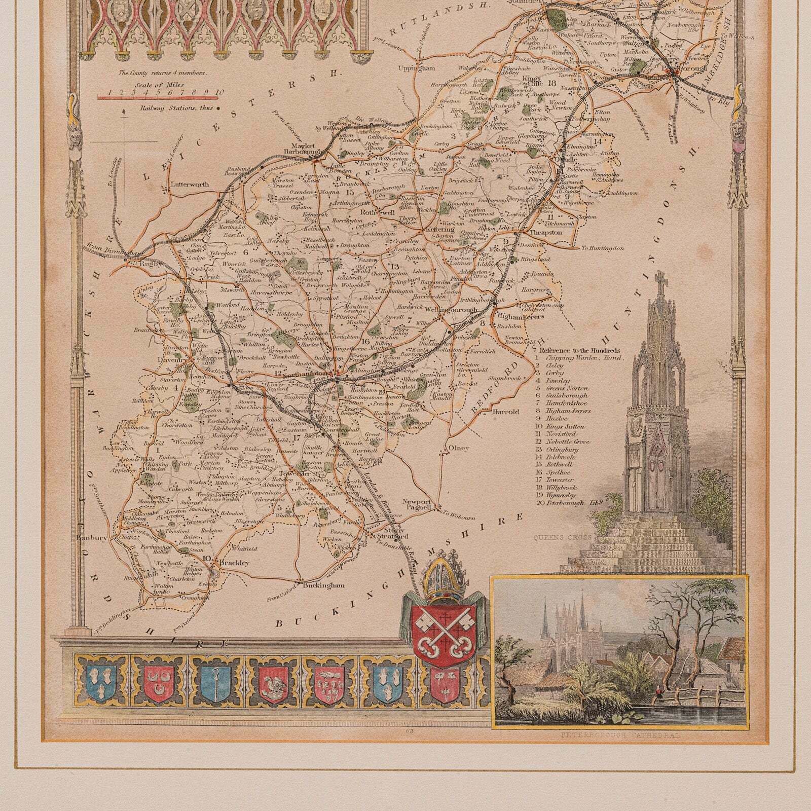 Antique Lithography Map, Northamptonshire, English, Framed Cartography, C.1860 photo vinterior