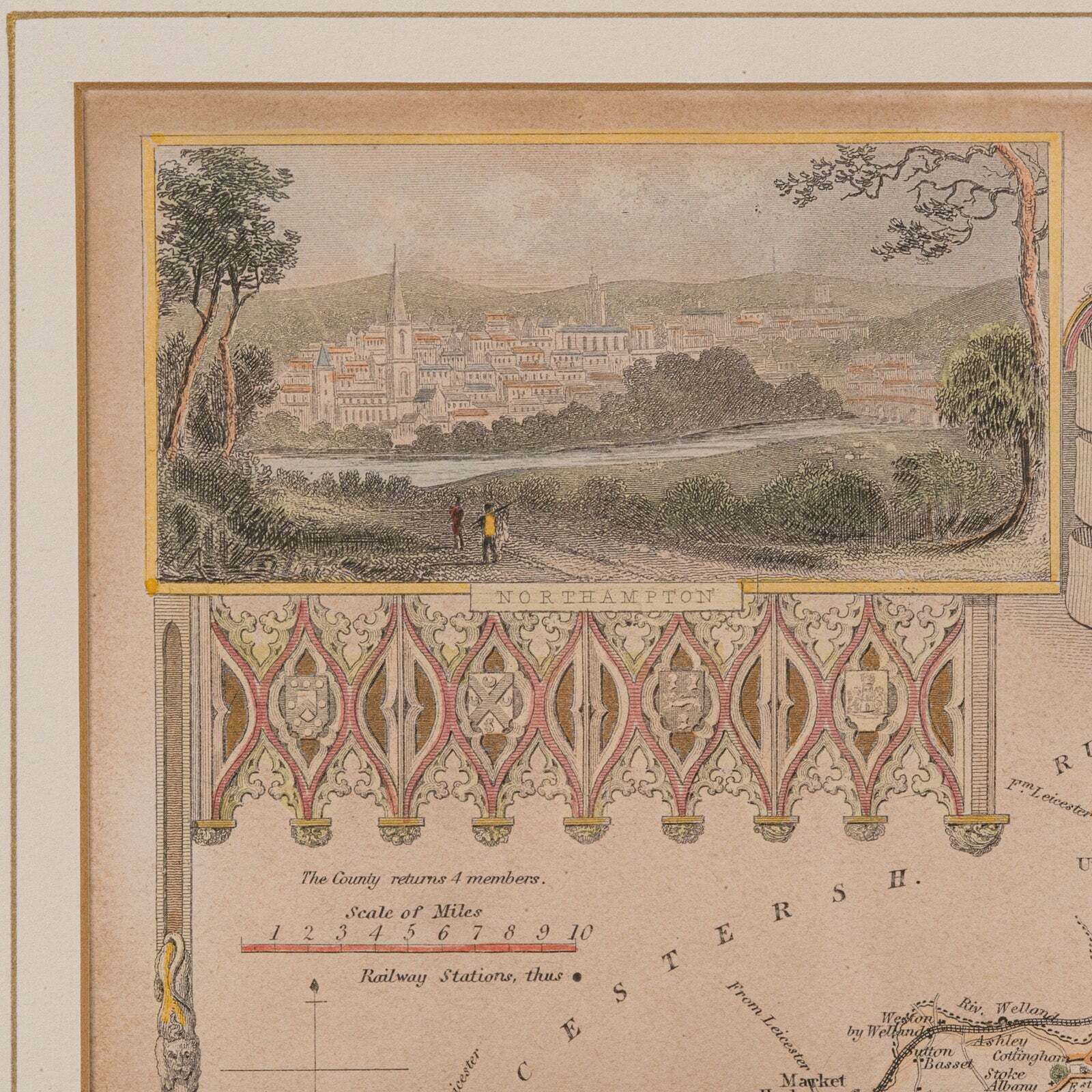 Antique Lithography Map, Northamptonshire, English, Framed Cartography, C.1860 photo vintage