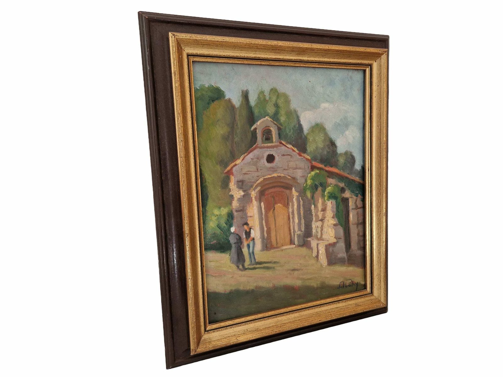 Impressionistisch schilderij van een kerk in de Provence, ingelijst rustiek Frans wanddecor photo furniture
