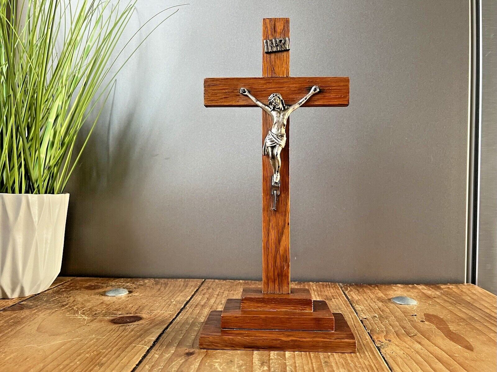 Antique Art Deco Stepped Base Freestanding Oak Altar Crucifix Church Cross Jesus photo 80.0