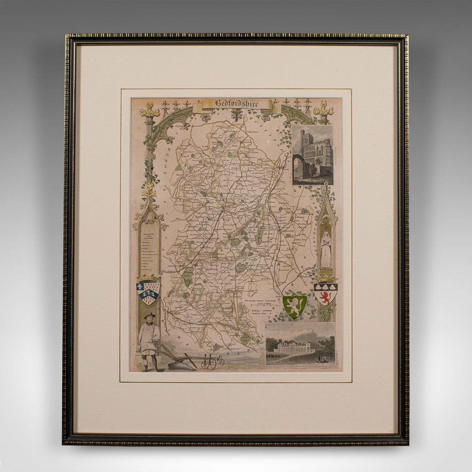 Antique Lithography Map, Bedfordshire, English, Framed Engraving, Cartography photo furniture