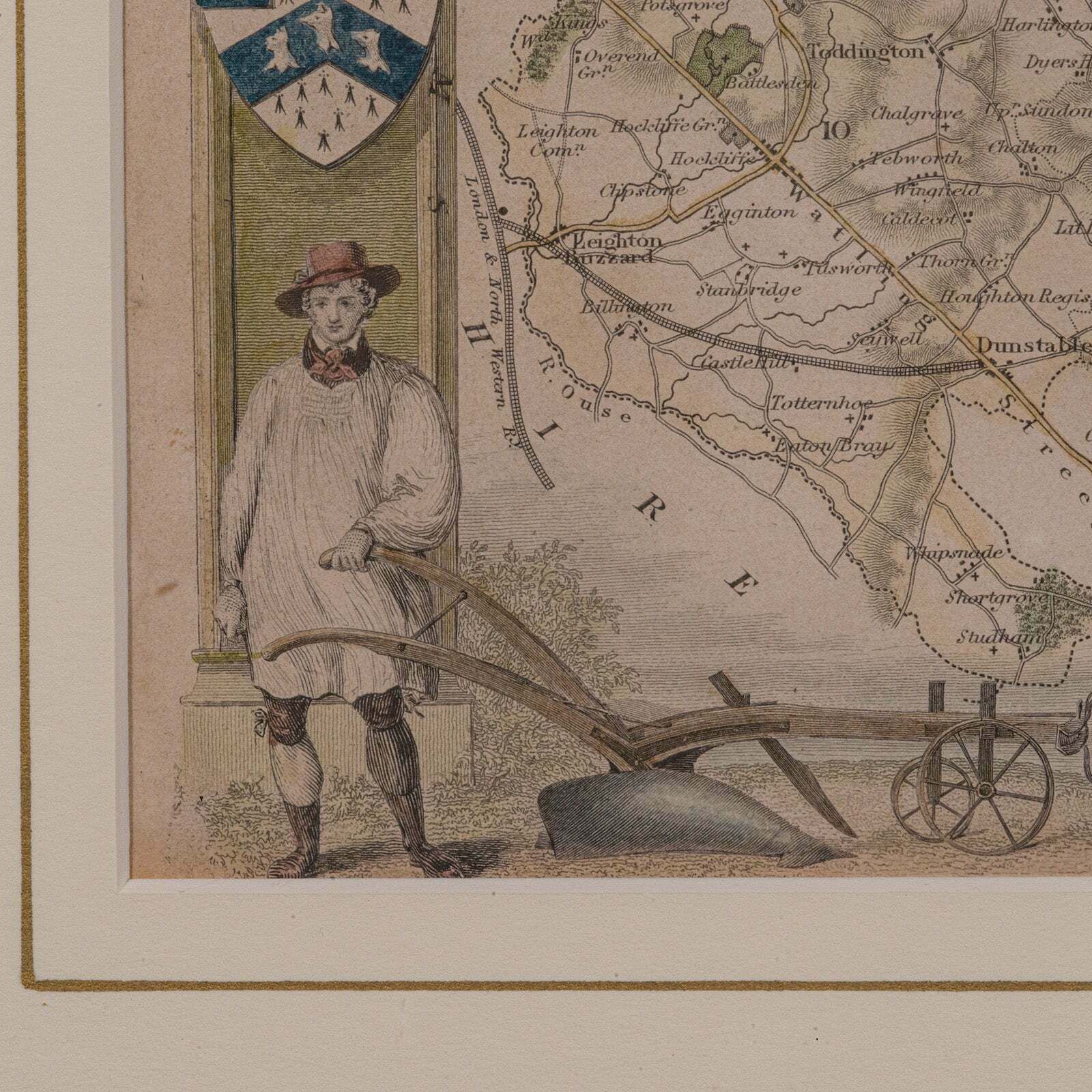 Art Antique Lithography Map, Bedfordshire, English, Framed Engraving, Cartography photo