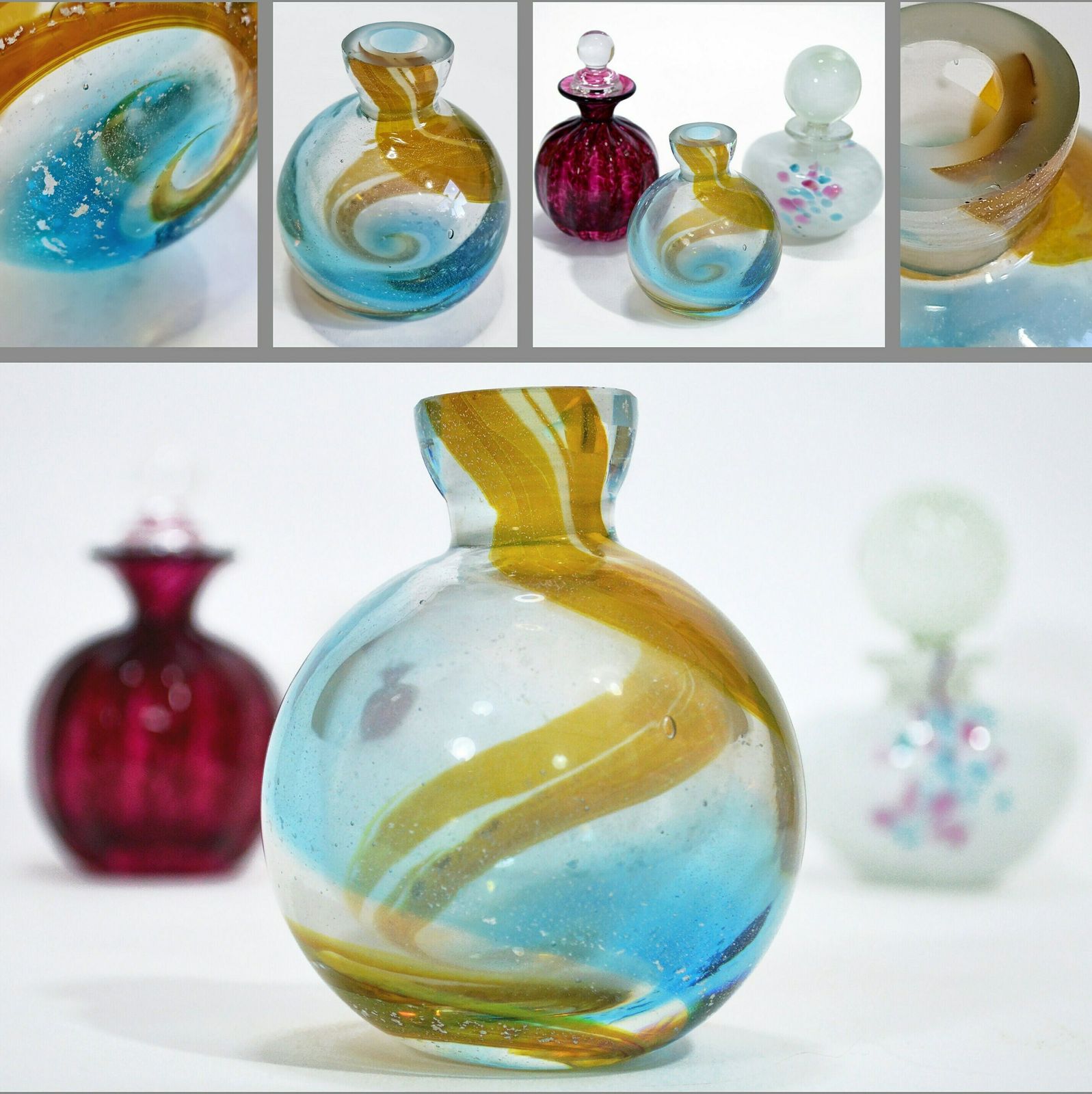 20th Century Art Glass Collection < 6 Pieces > 3 Glass Perfume Bottles & 3 Vases (Mdina, Teign, Aseda)