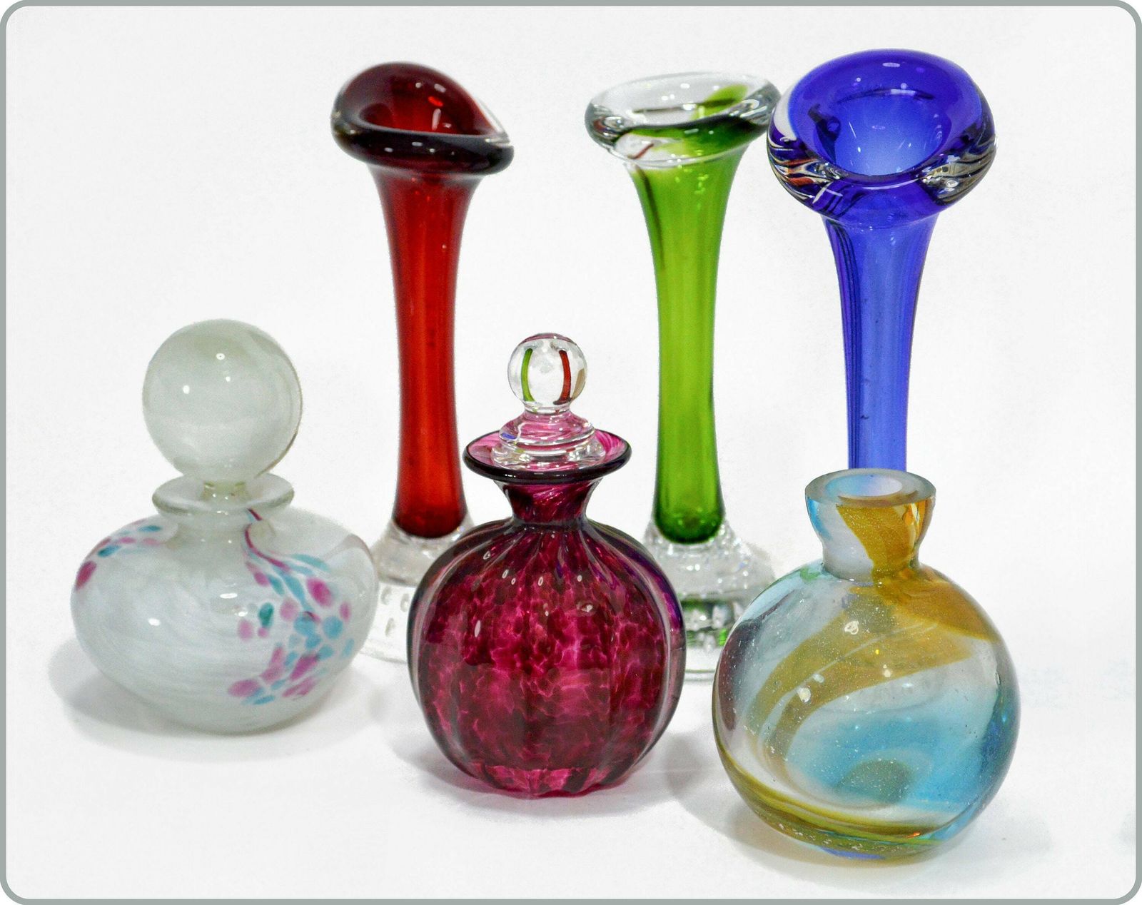 20th Century Art Glass Collection < 6 Pieces > 3 Glass Perfume Bottles & 3 Vases (Mdina, Teign, Aseda) photo furniture