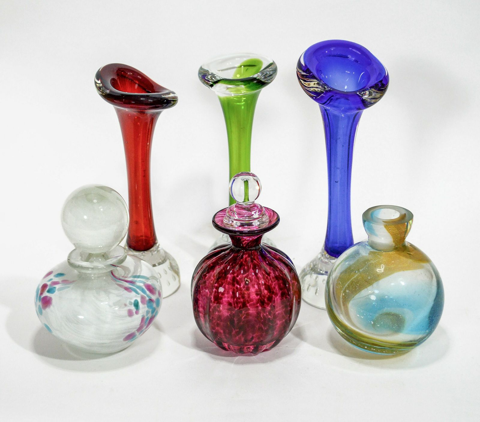 20th Century Art Glass Collection < 6 Pieces > 3 Glass Perfume Bottles & 3 Vases (Mdina, Teign, Aseda) photo for sale