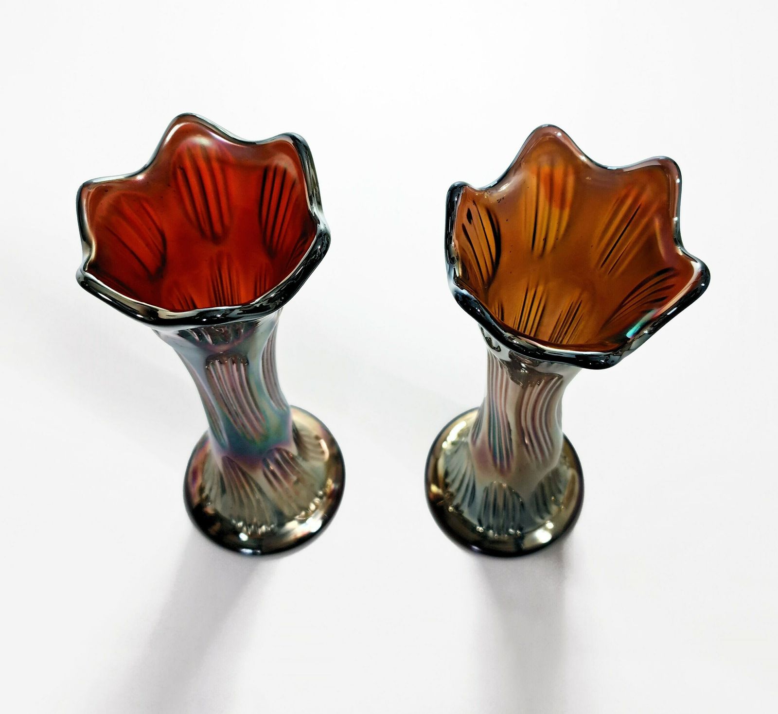 photo for sale Pair Of Diamond & Rib Amethyst Glass Carnival (Swung) Vases.