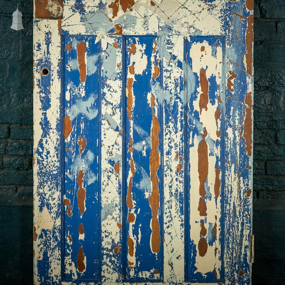 Pine Panelled Door, Moulded 4 Panel, Blue Distressed Paint Finish photo furniture