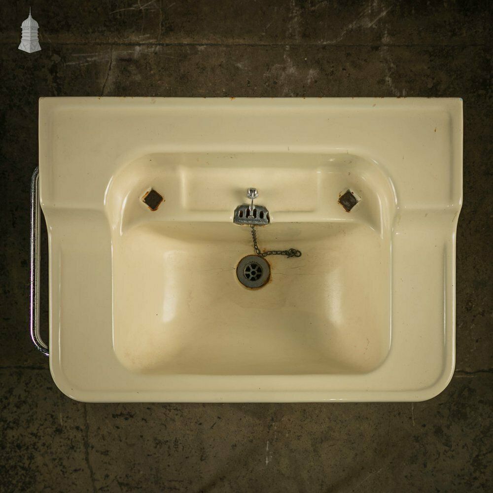 Enamelled Hand Basin, Cast Iron Mid Century Wash Hand Basin On Cupboard Base photo vinterior