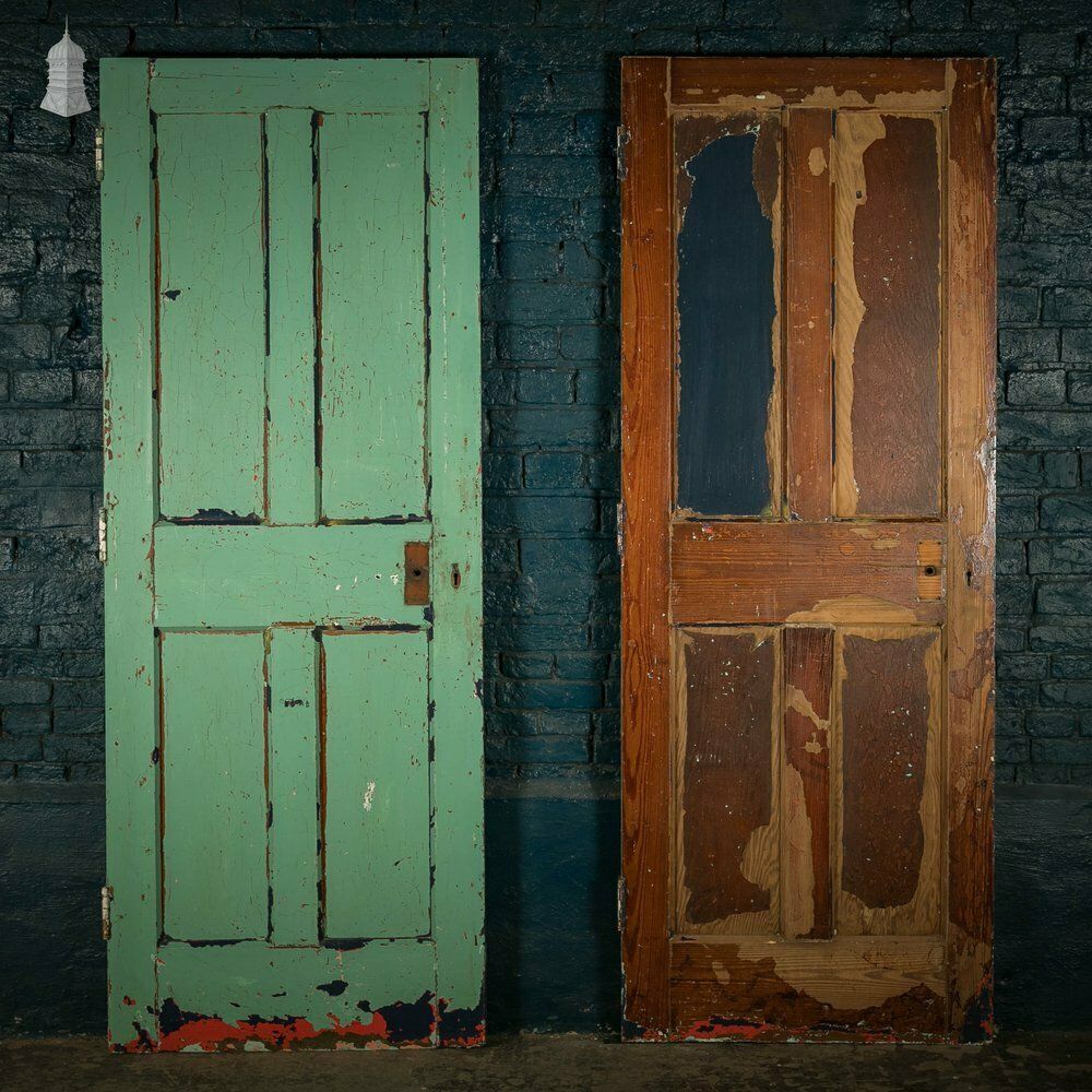 Pitch Pine Panelled Doors, Pair Of 4 Panel Doors With Green Distressed Paint Finish photo 720.0