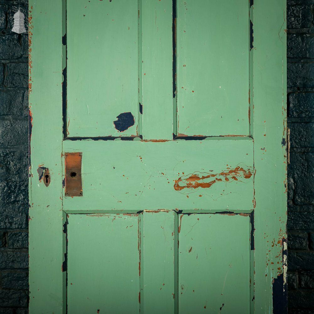 photo furniture Pitch Pine Panelled Doors, Pair Of 4 Panel Doors With Green Distressed Paint Finish