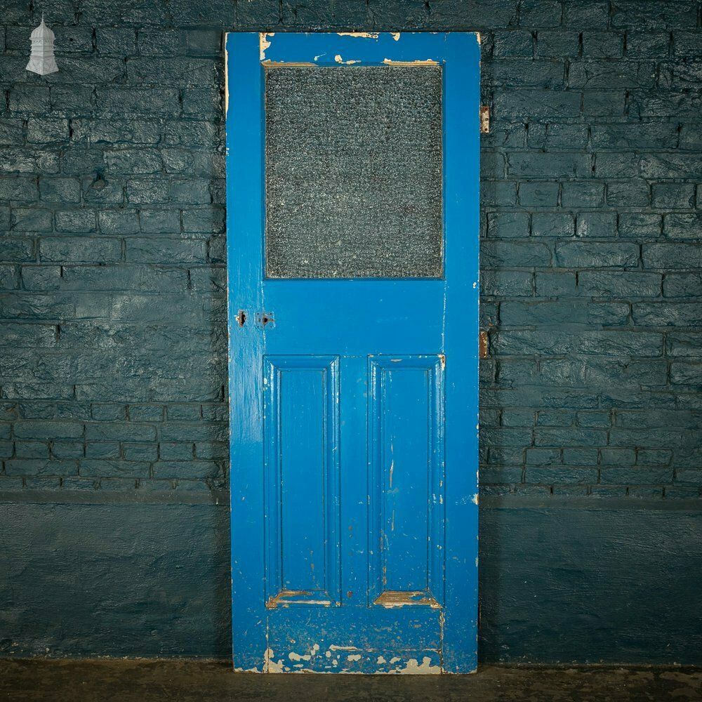 Half Glazed Door, Blue Painted Pine Fitted With ‘Arctic’ Style Textured Glass