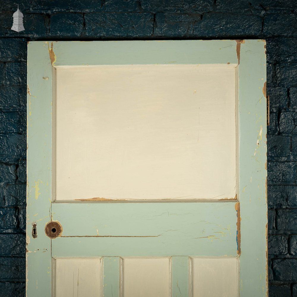 Pine Panelled Door, Green Painted, 1 Over 3 Panel 1930’s Style Door photo vintage